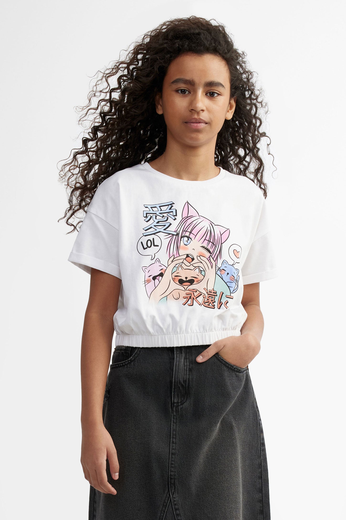 T-shirt coupe écourtée ourlet élastique coton - Ado fille && BLANC