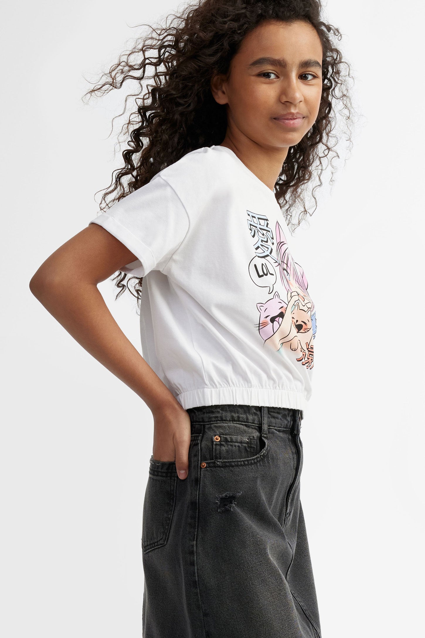 T-shirt coupe écourtée ourlet élastique coton - Ado fille && BLANC