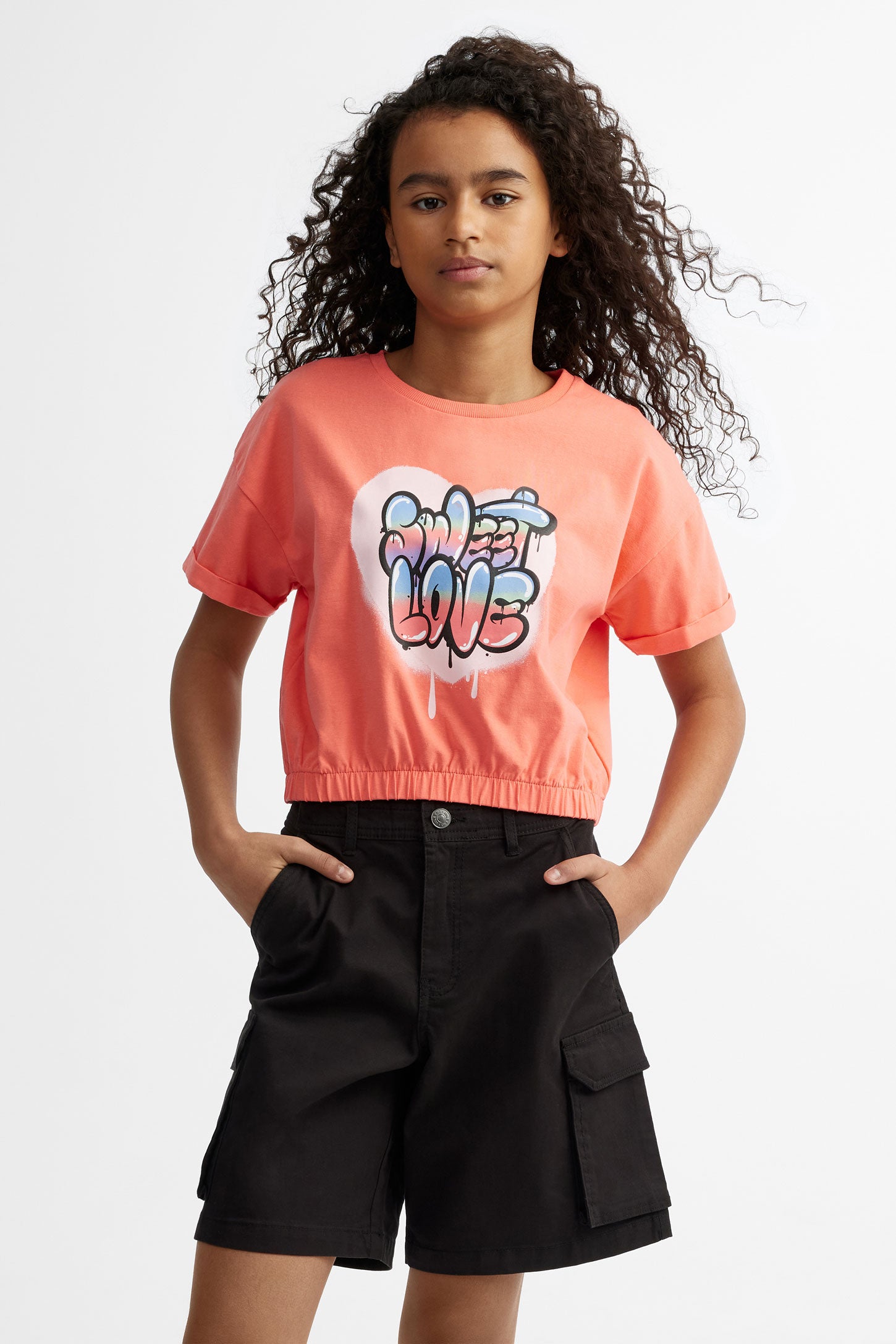 T-shirt coupe écourtée ourlet élastique coton - Ado fille && CORAIL