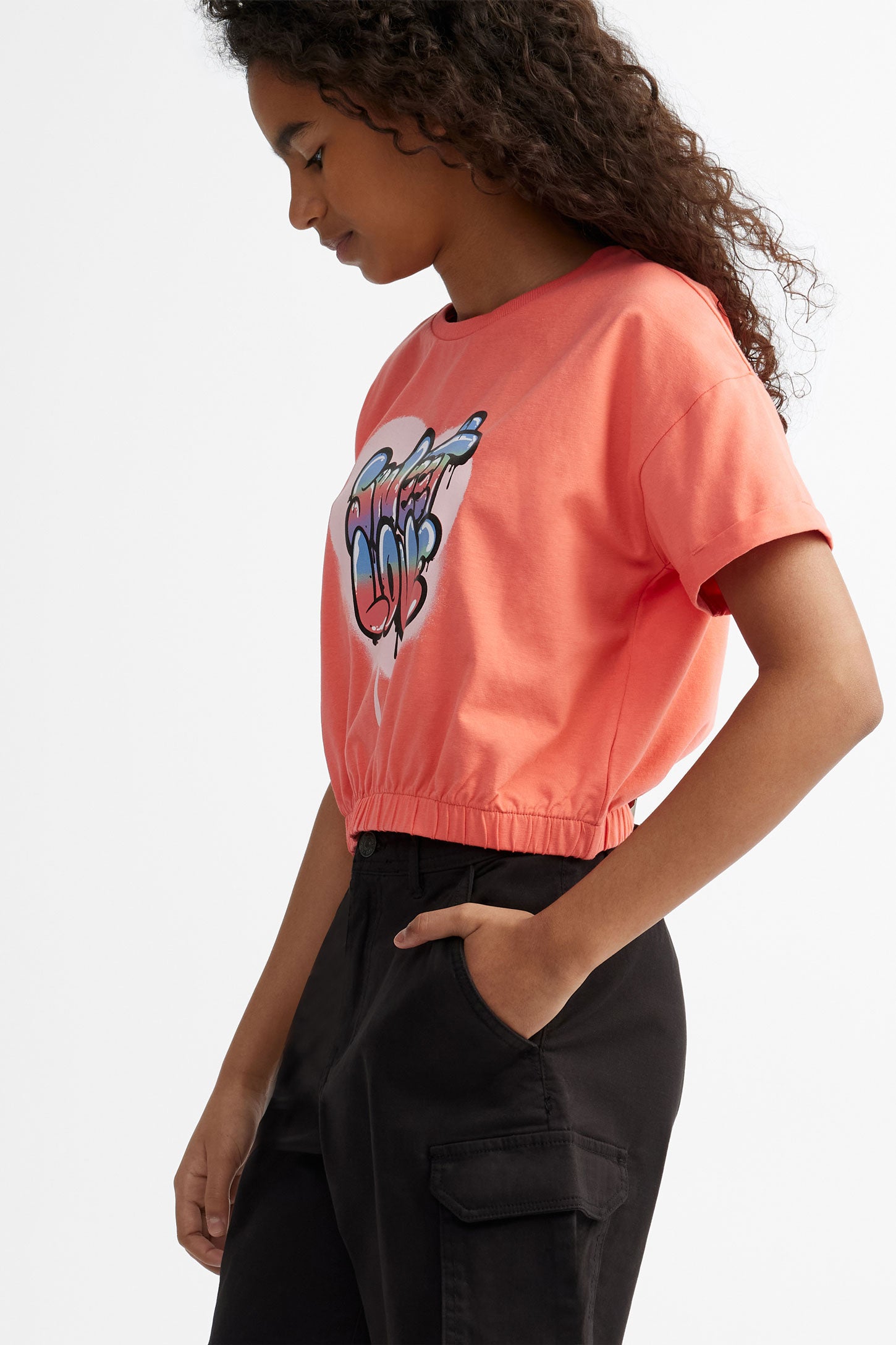 T-shirt coupe écourtée ourlet élastique coton - Ado fille && CORAIL