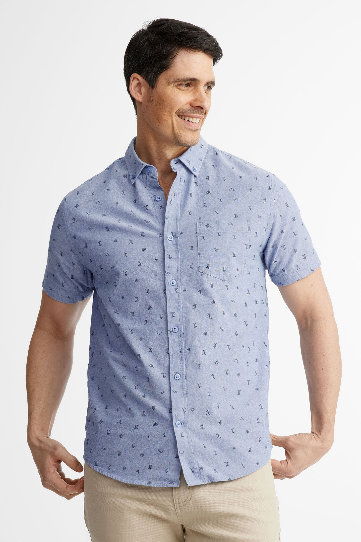 Chemise manches courtes à poche en coton - Homme && BLEU MULTI