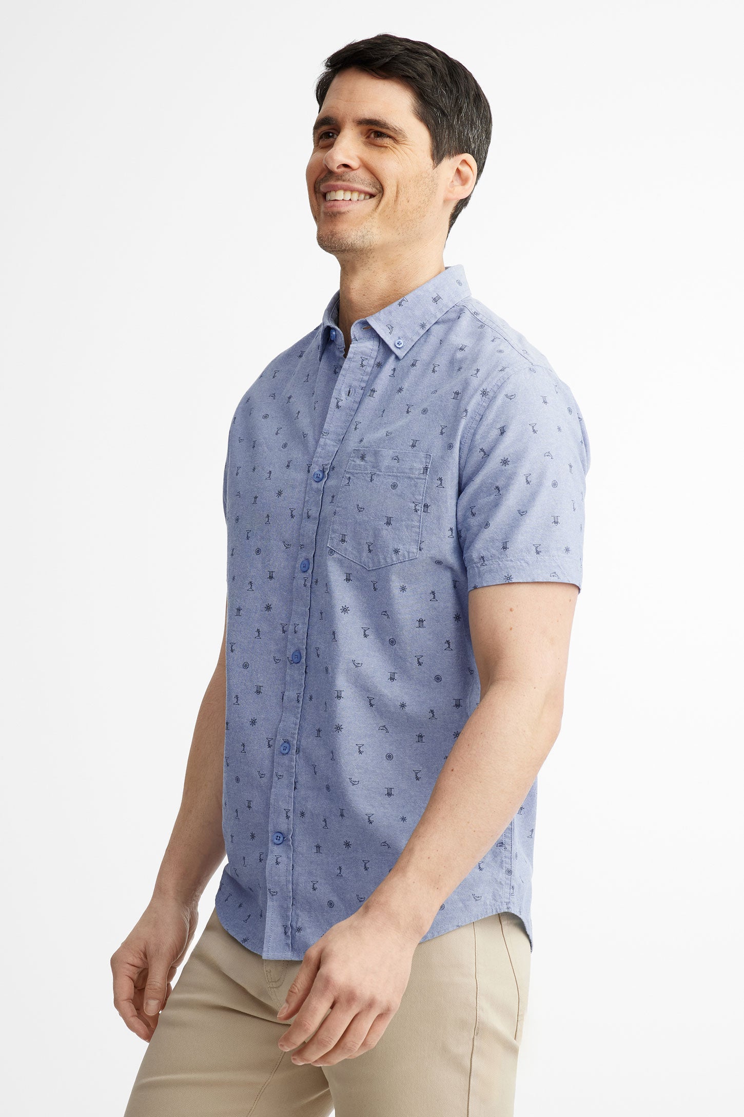 Chemise manches courtes à poche en coton - Homme && BLEU MULTI