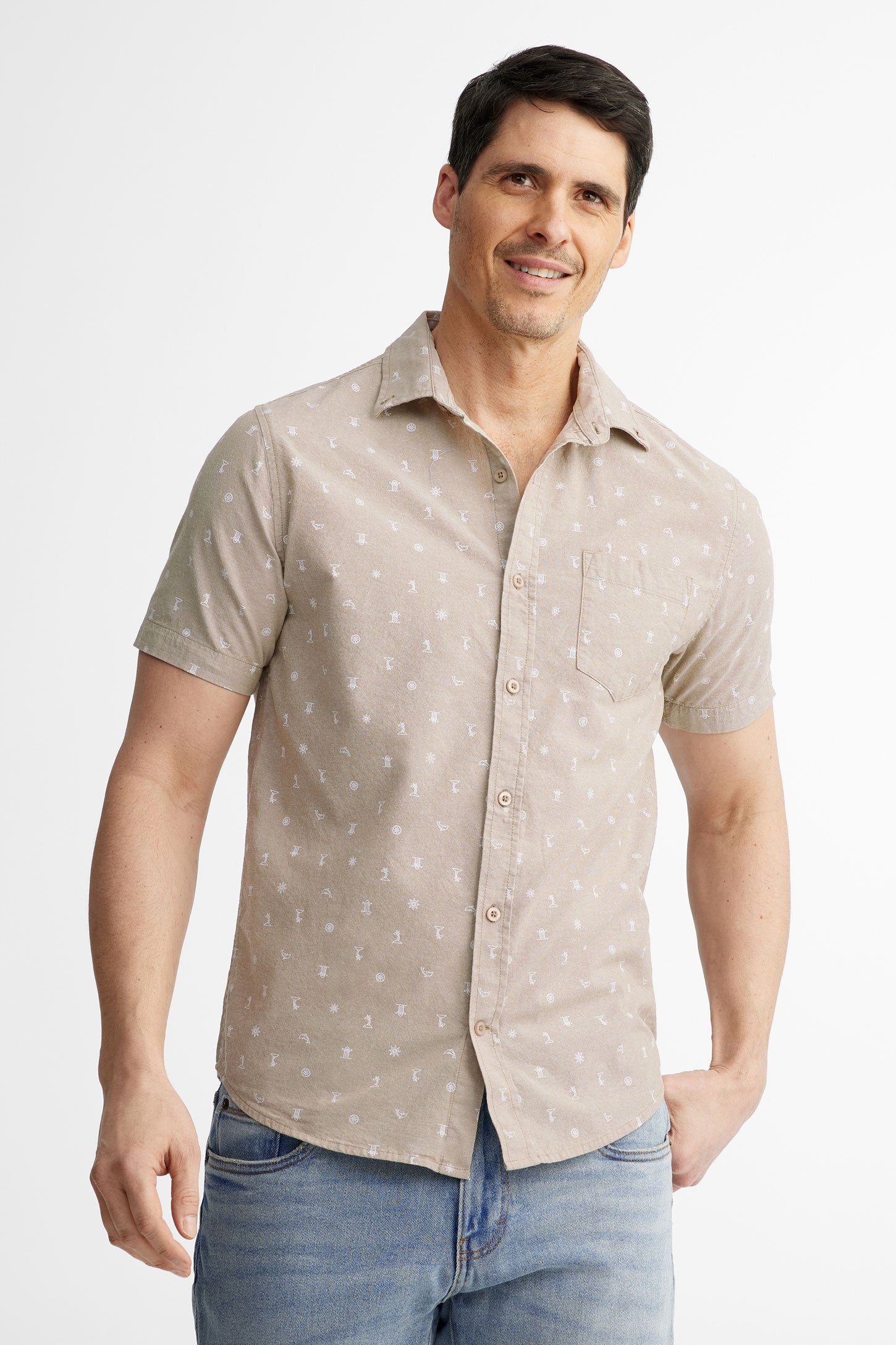 Chemise manches courtes à poche en coton - Homme && BEIGE/MULTI
