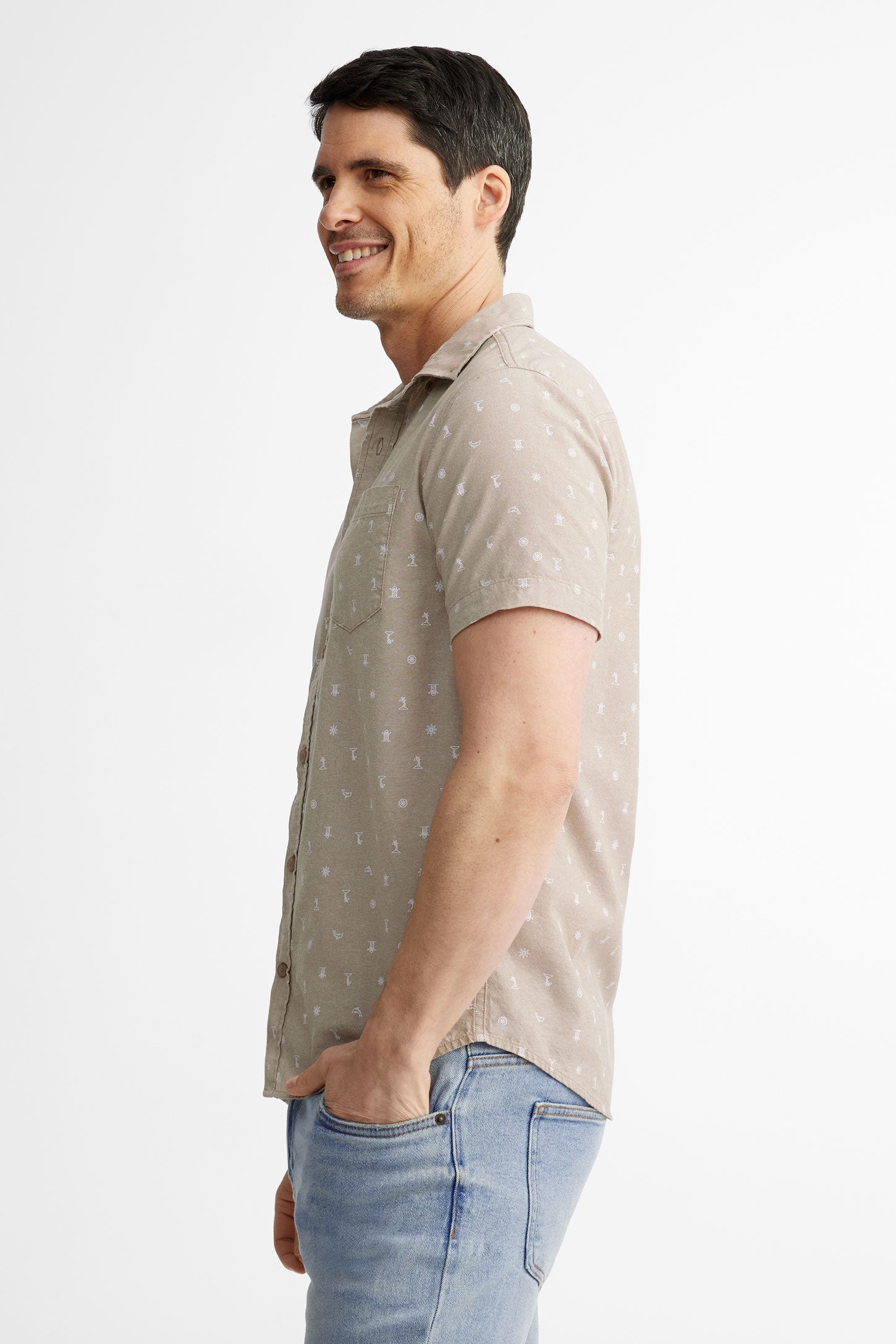 Chemise manches courtes à poche en coton - Homme && BEIGE/MULTI