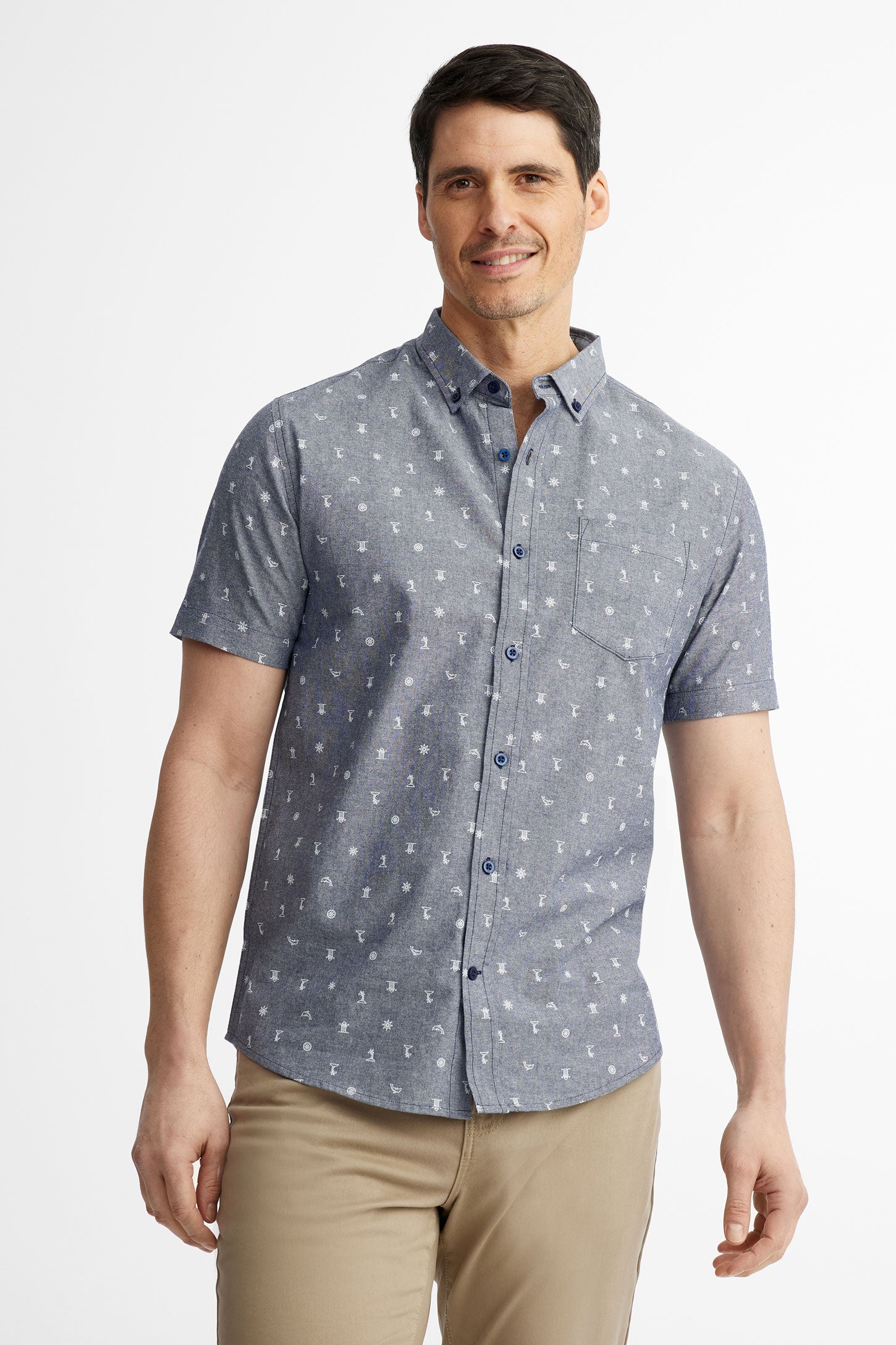 Chemise manches courtes à poche en coton - Homme && BLEU MARINE MUL