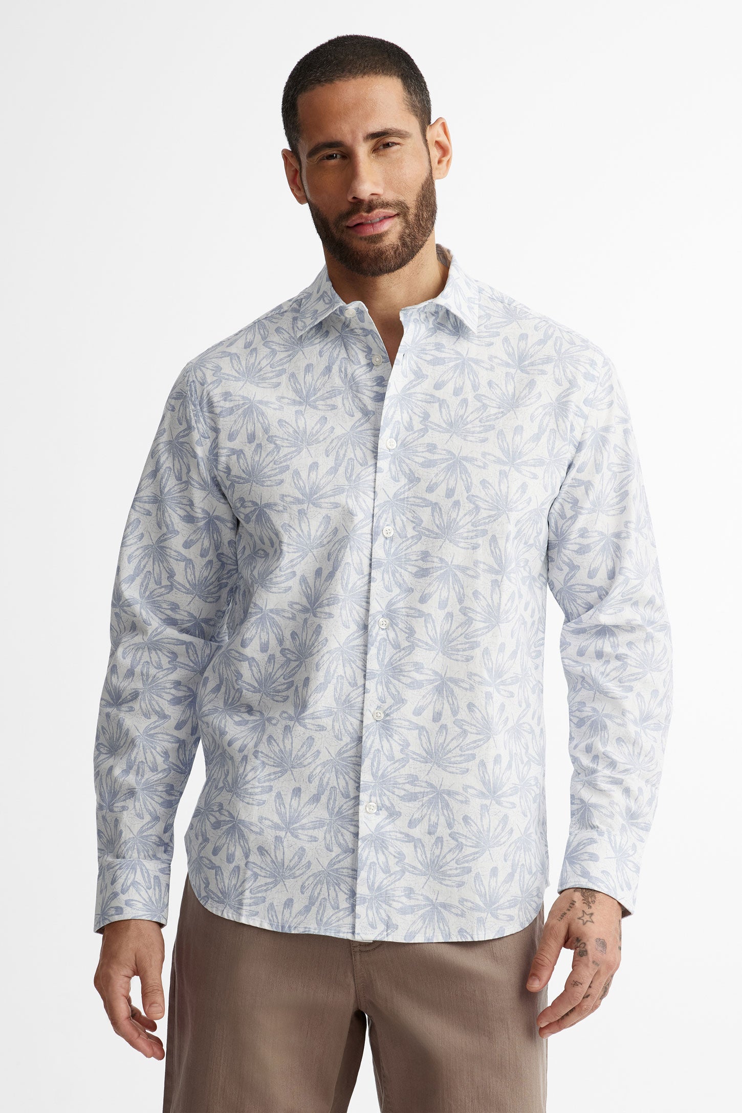 Chemise manches longues imprimé floral lin - Homme && BLANC MULTI