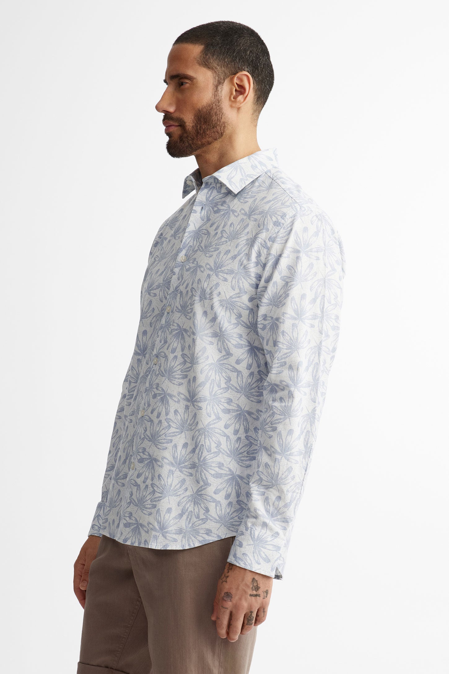 Chemise manches longues imprimé floral lin - Homme && BLANC MULTI