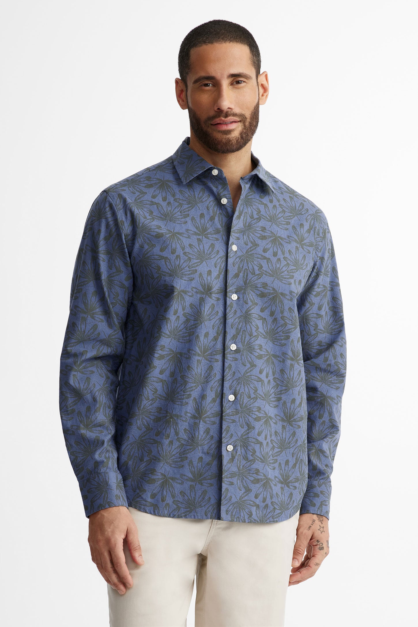 Chemise manches longues imprimé floral lin - Homme && BLEU MULTI