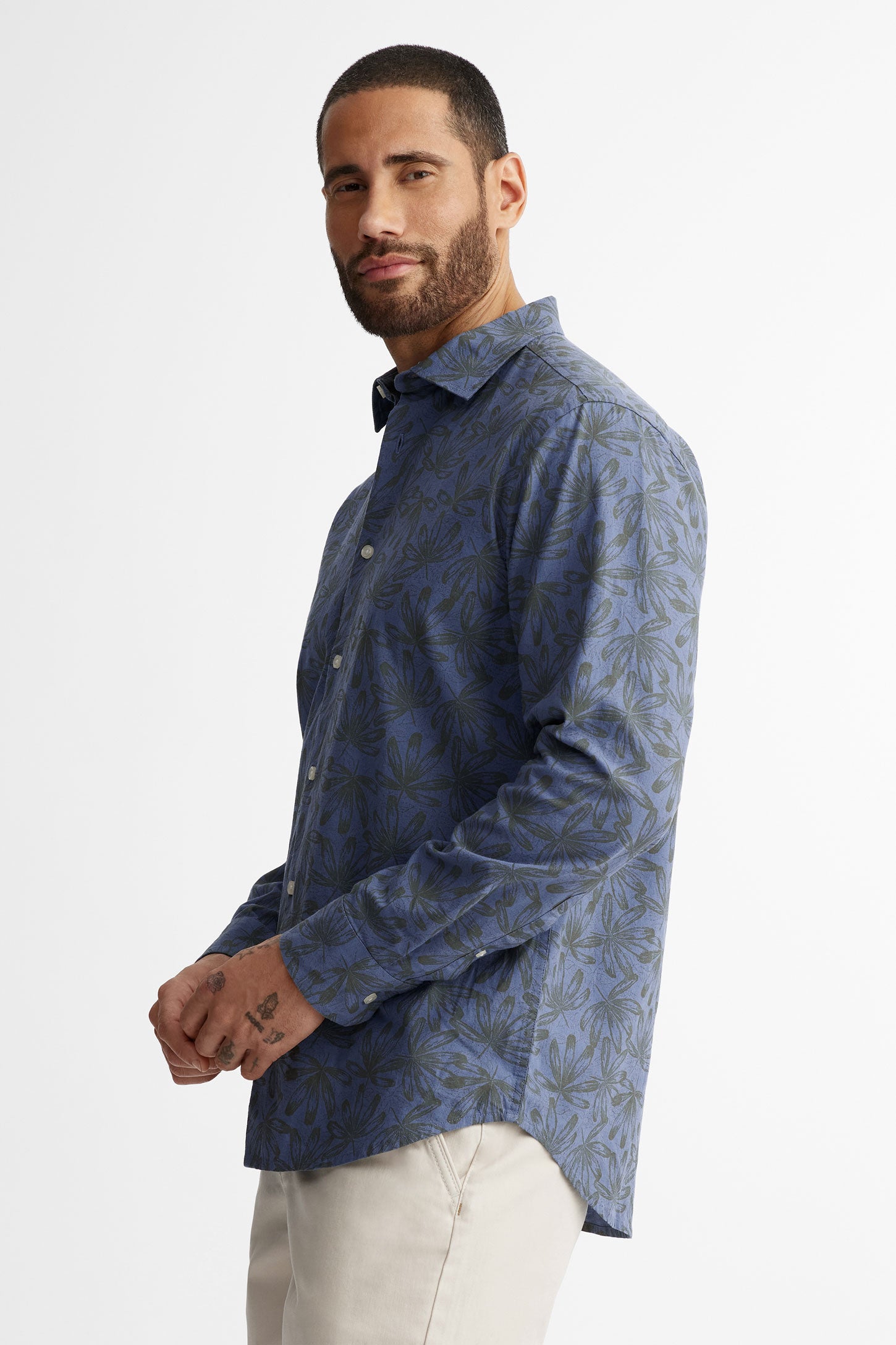 Chemise manches longues imprimé floral lin - Homme && BLEU MULTI