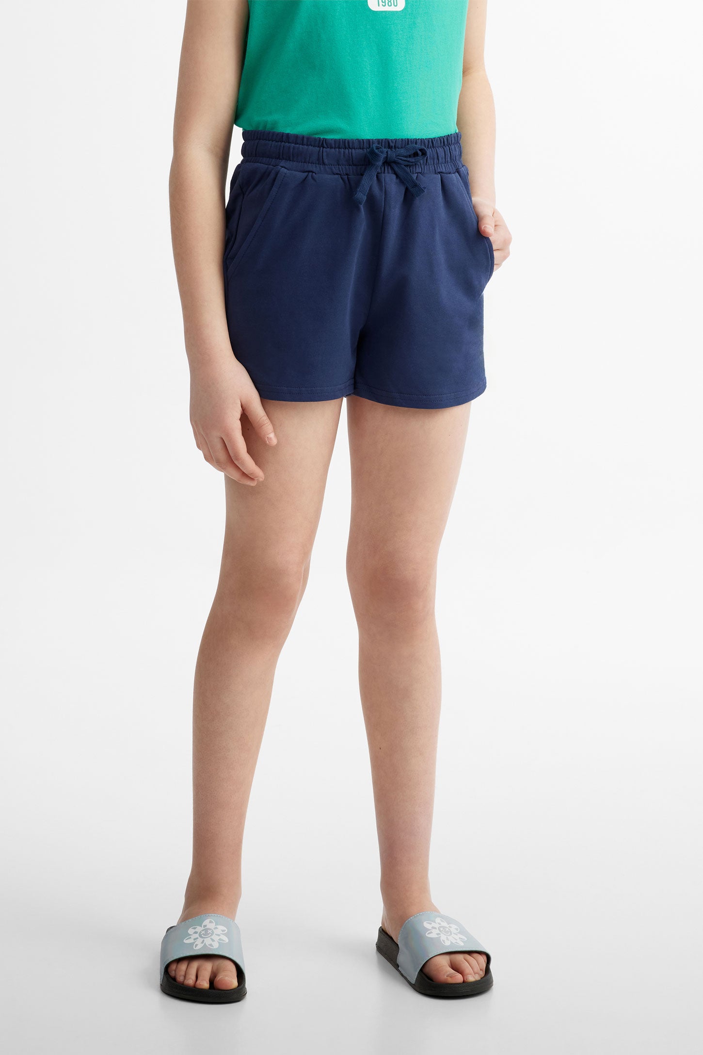 Short taille élastique en coton ouaté - Ado fille && BLEU MARINE