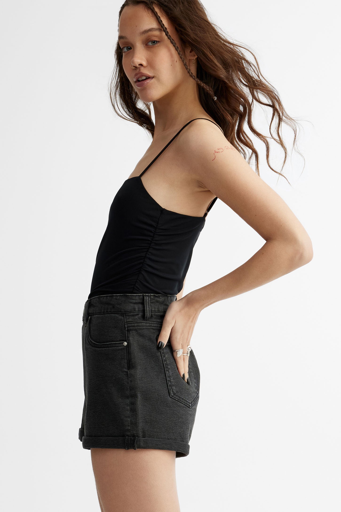 Short taille haute coupe ''Mom'' en jeans - Femme && NOIR