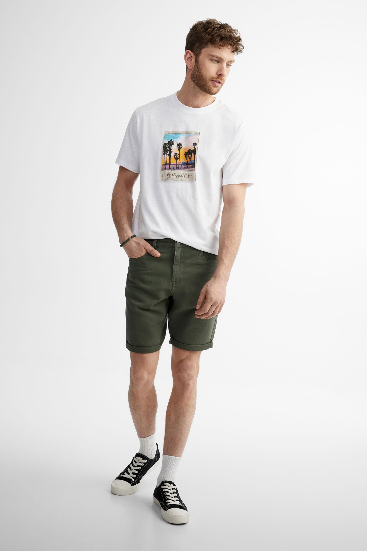 T-shirt col rond imprimé en coton - Homme && BLANC