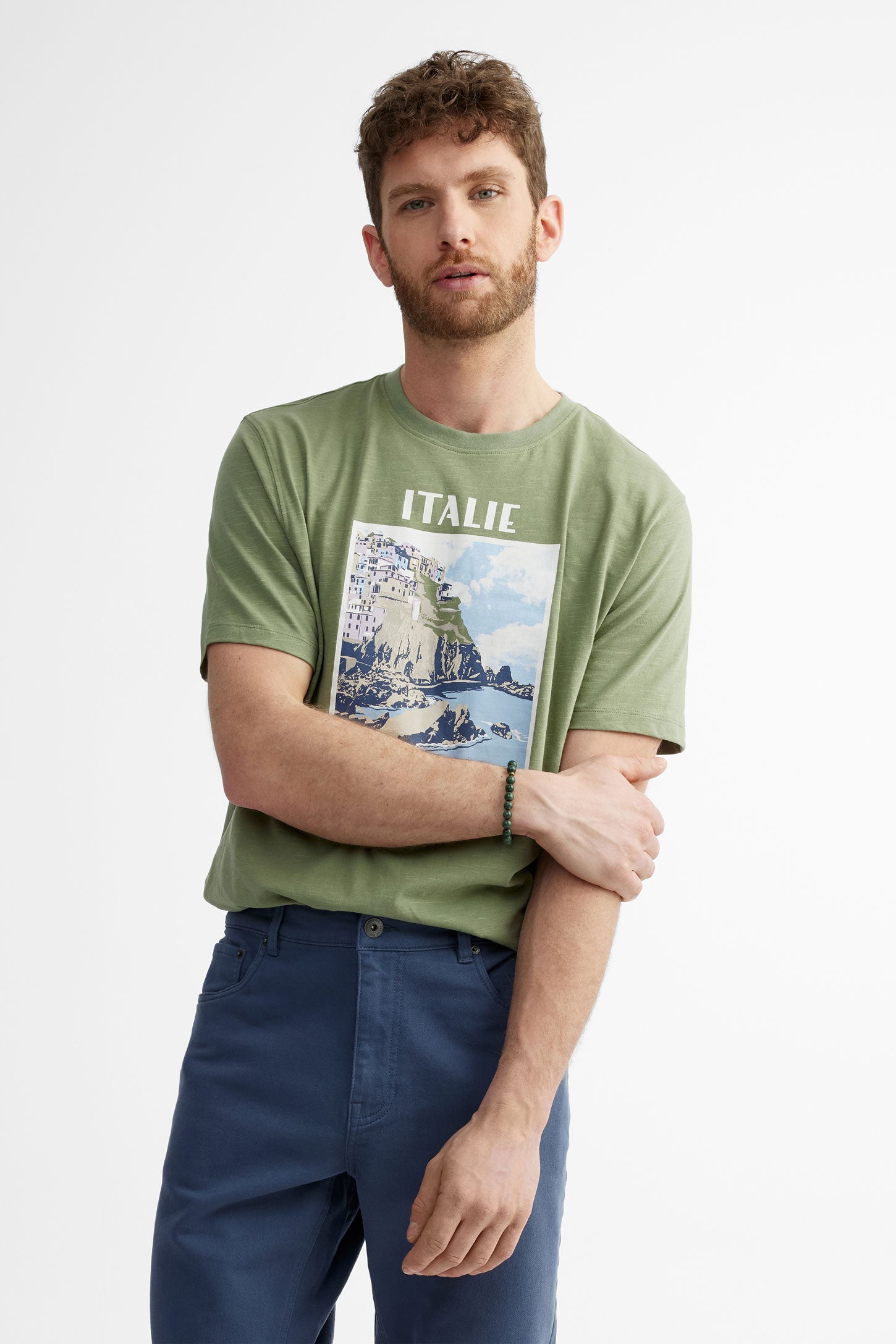 T-shirt col rond imprimé en coton - Homme && VERT