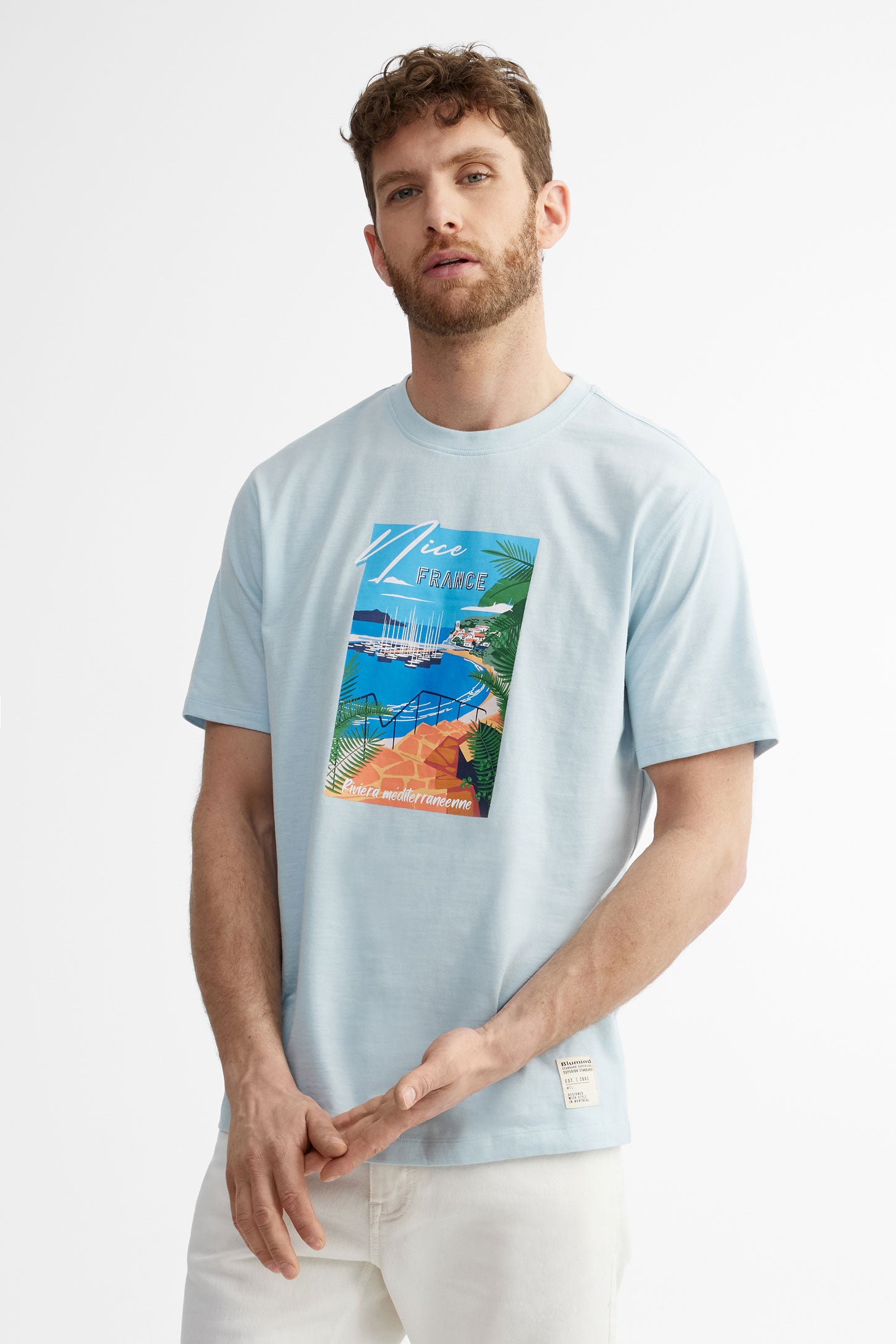 T-shirt col rond imprimé en coton - Homme && BLEU