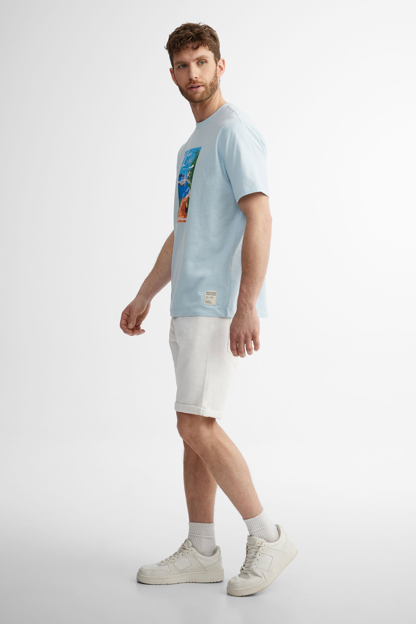 T-shirt col rond imprimé en coton - Homme && BLEU