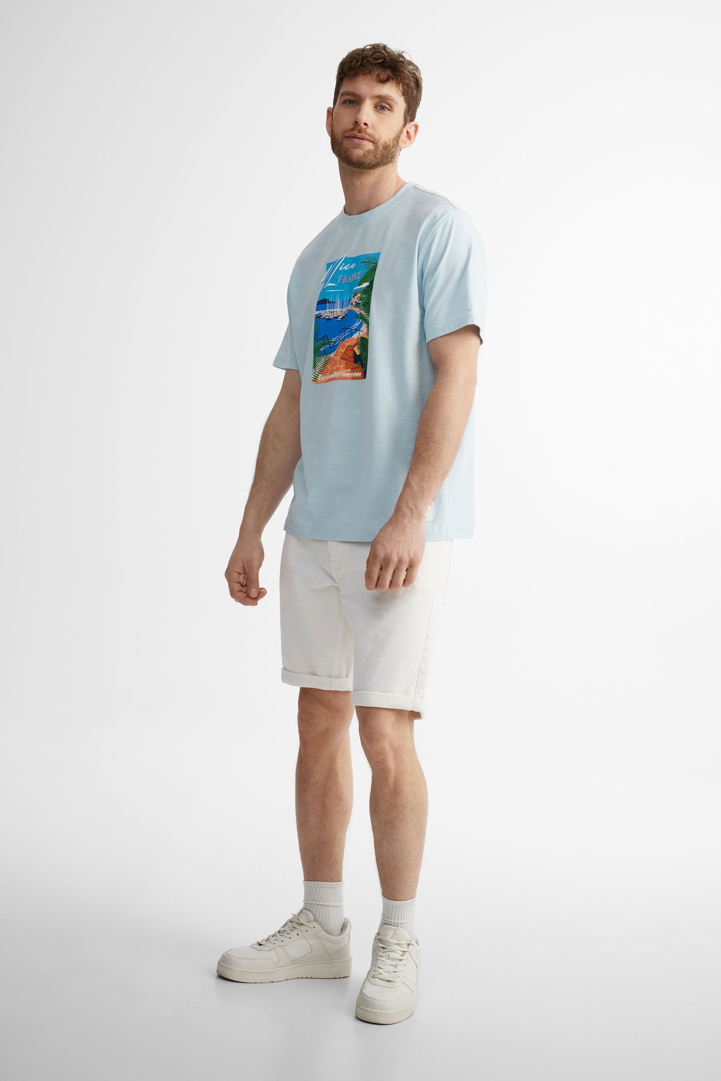 T-shirt col rond imprimé en coton - Homme && BLEU