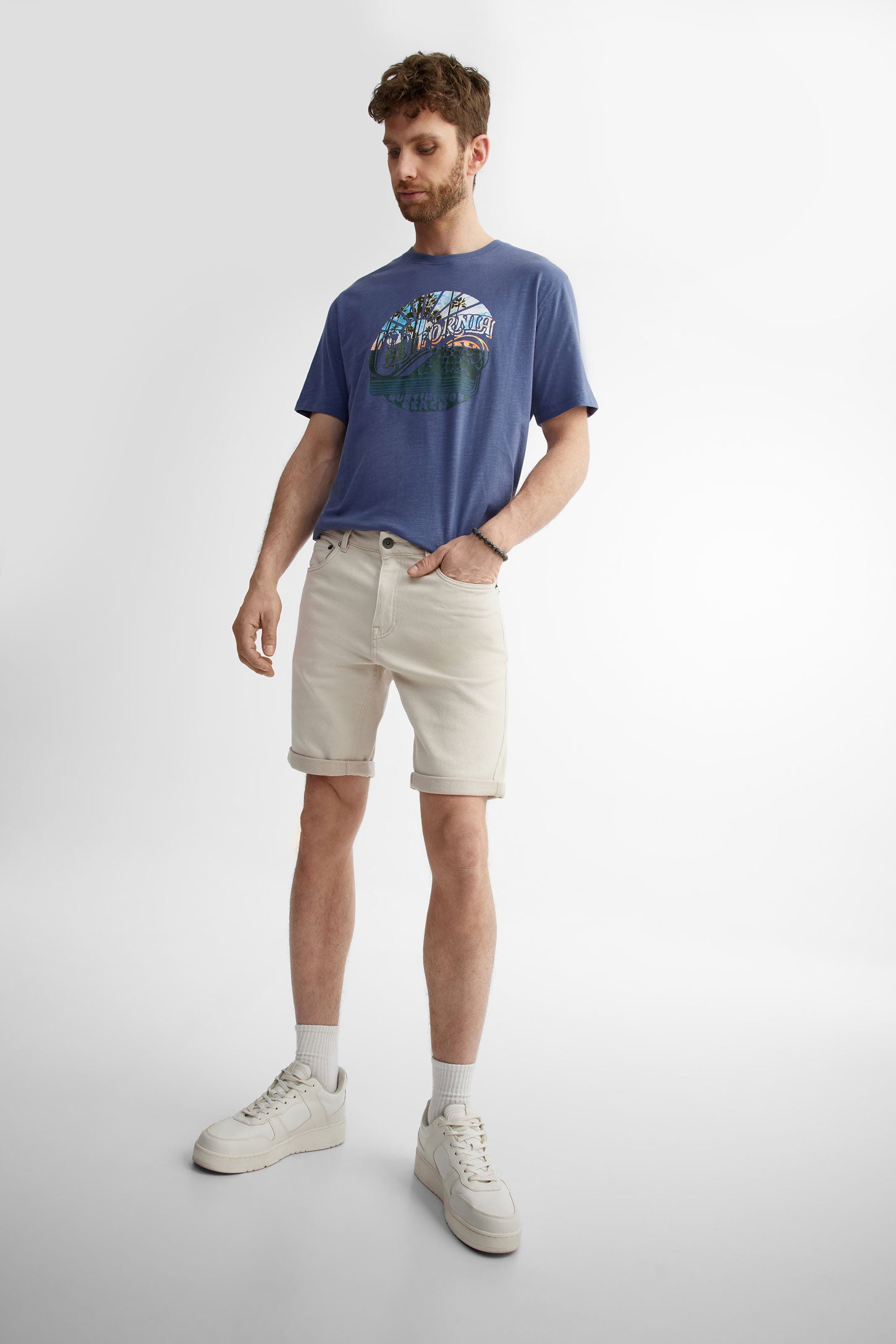 T-shirt col rond imprimé en coton - Homme && INDIGO