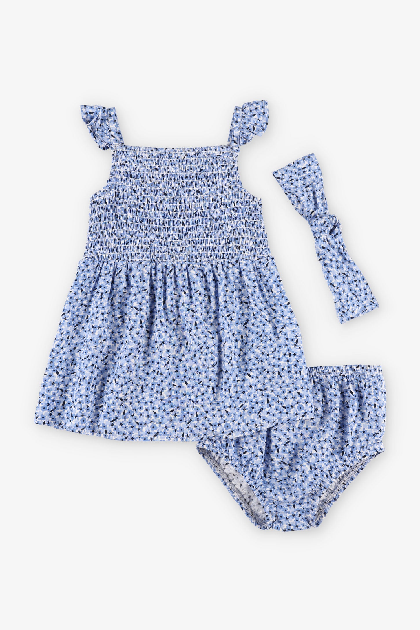 Ensemble 3-pièces robe, bloomers et bandeau - Bébé fille && BLEU MULTI