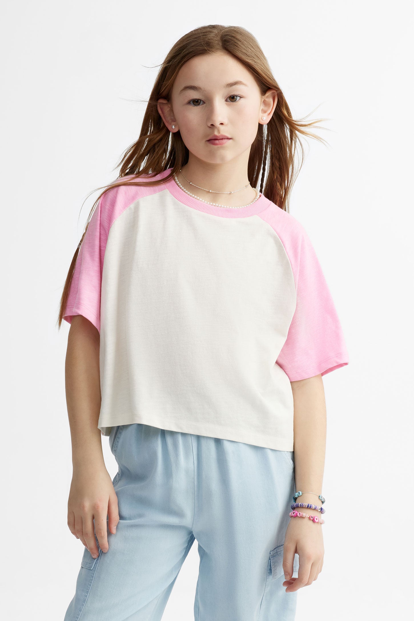 T-shirt col rond coupe ample en coton - Ado fille && ROSE