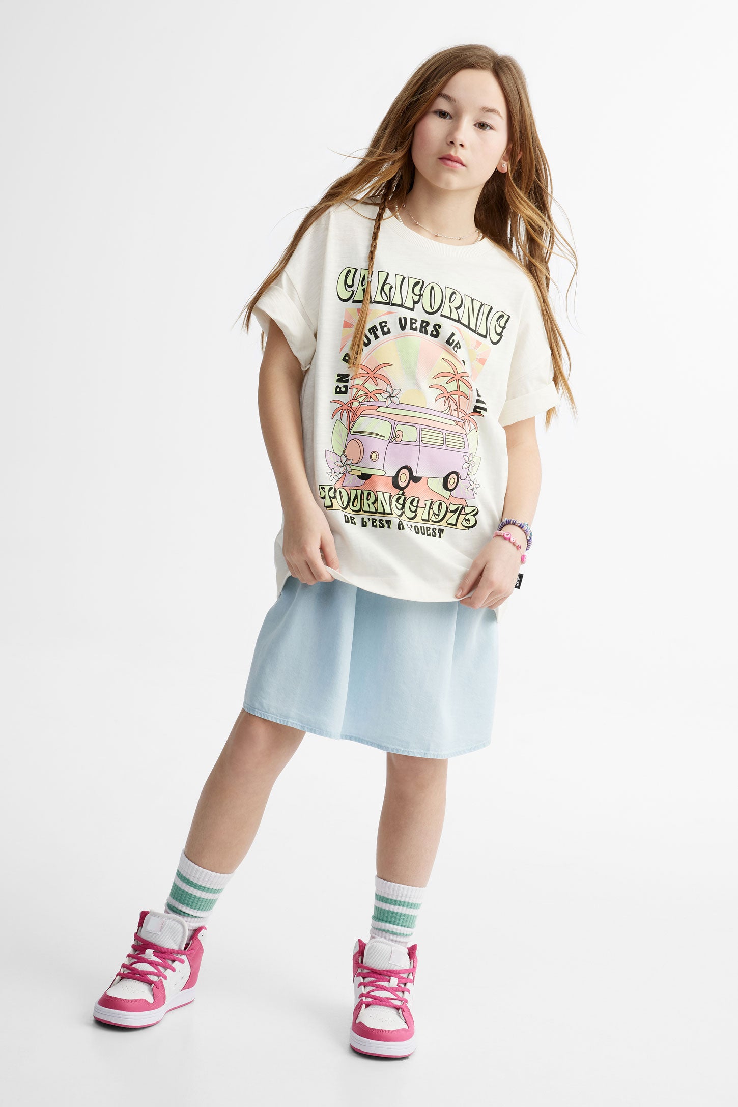 T-shirt long imprimé en coton - Ado fille && IVOIRE