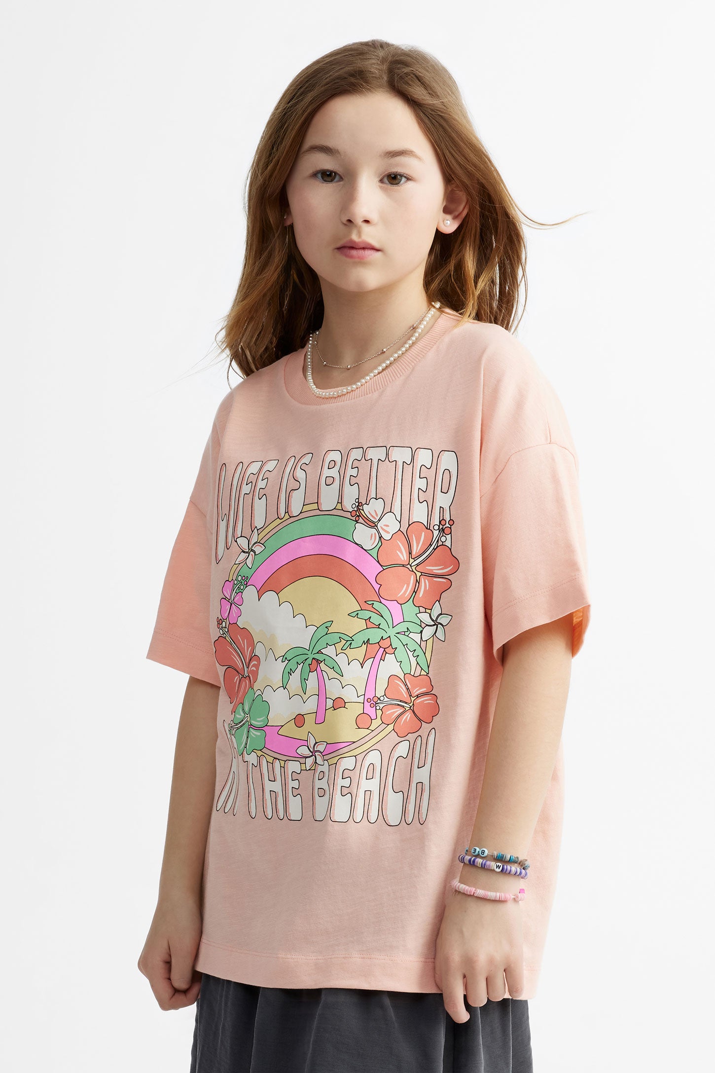 T-shirt long imprimé en coton - Ado fille && ORANGE
