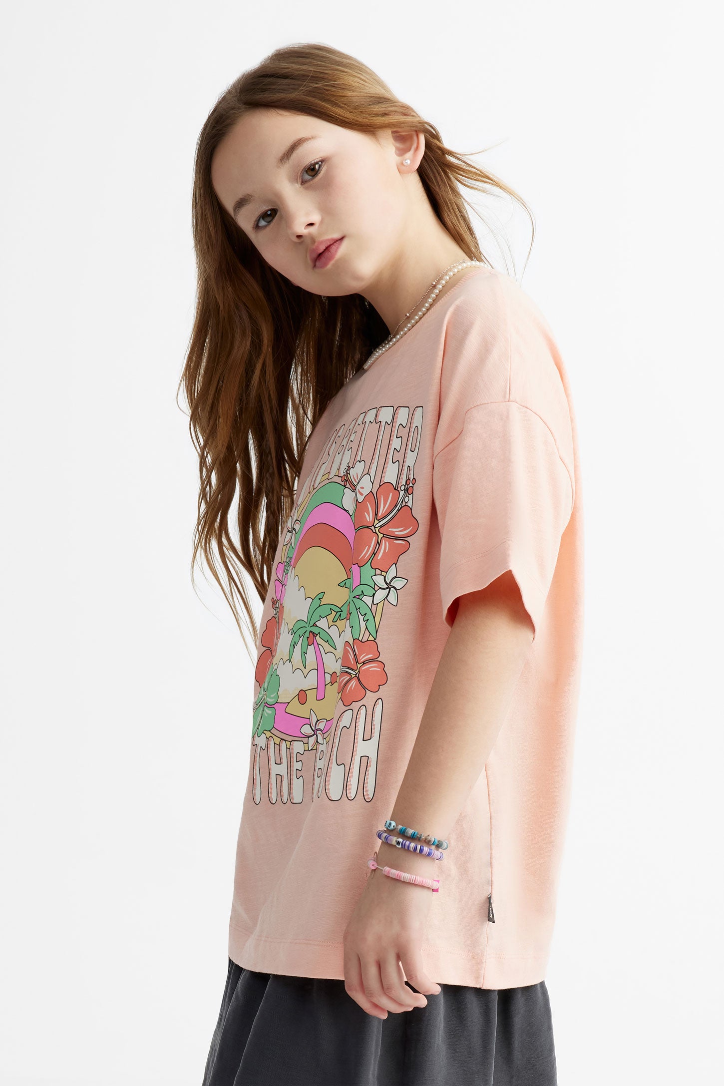 T-shirt long imprimé en coton - Ado fille && ORANGE