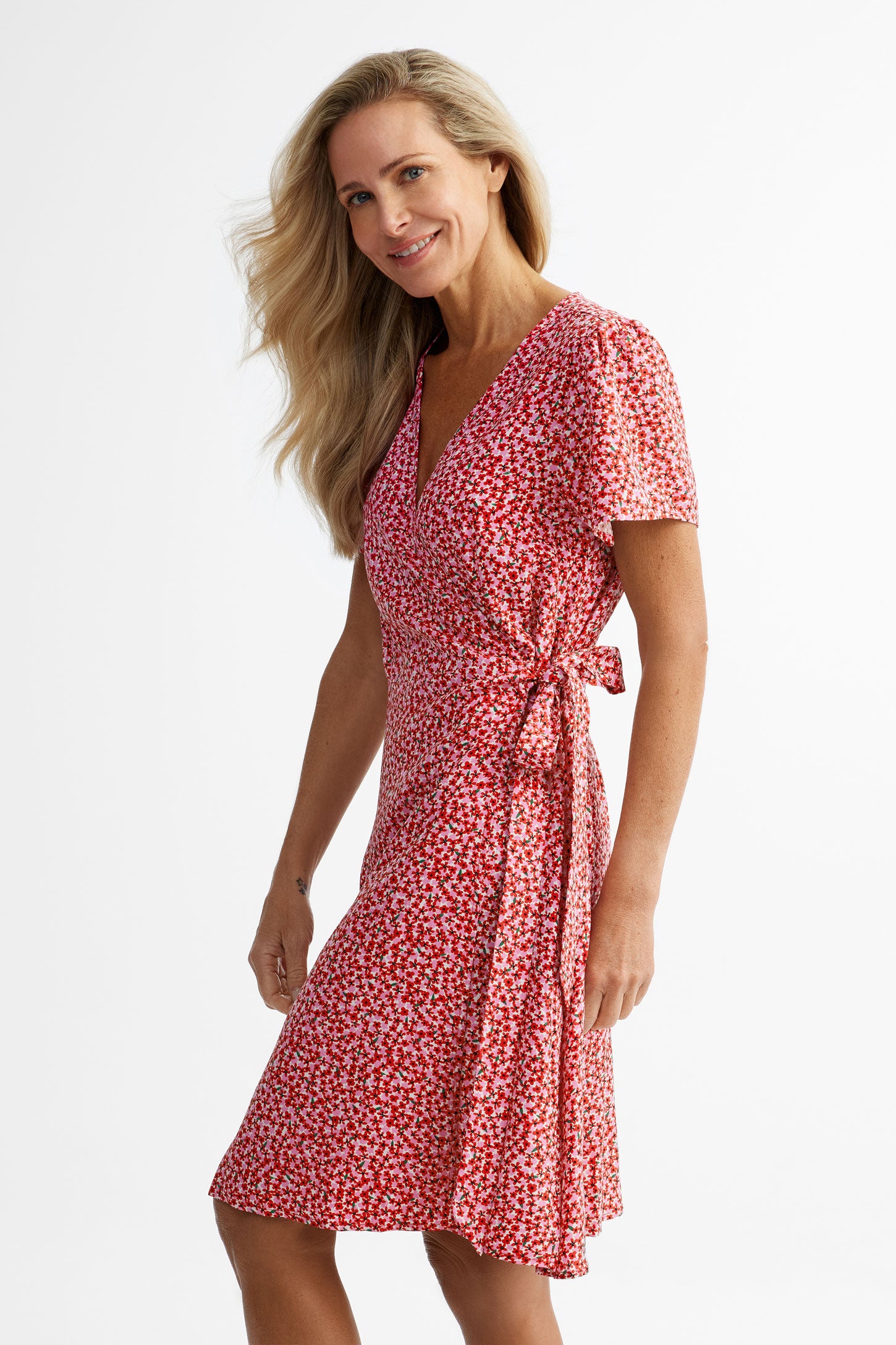 Robe cache-cœur manches courtes imprimé floral - Femme && ROUGE/MULTI