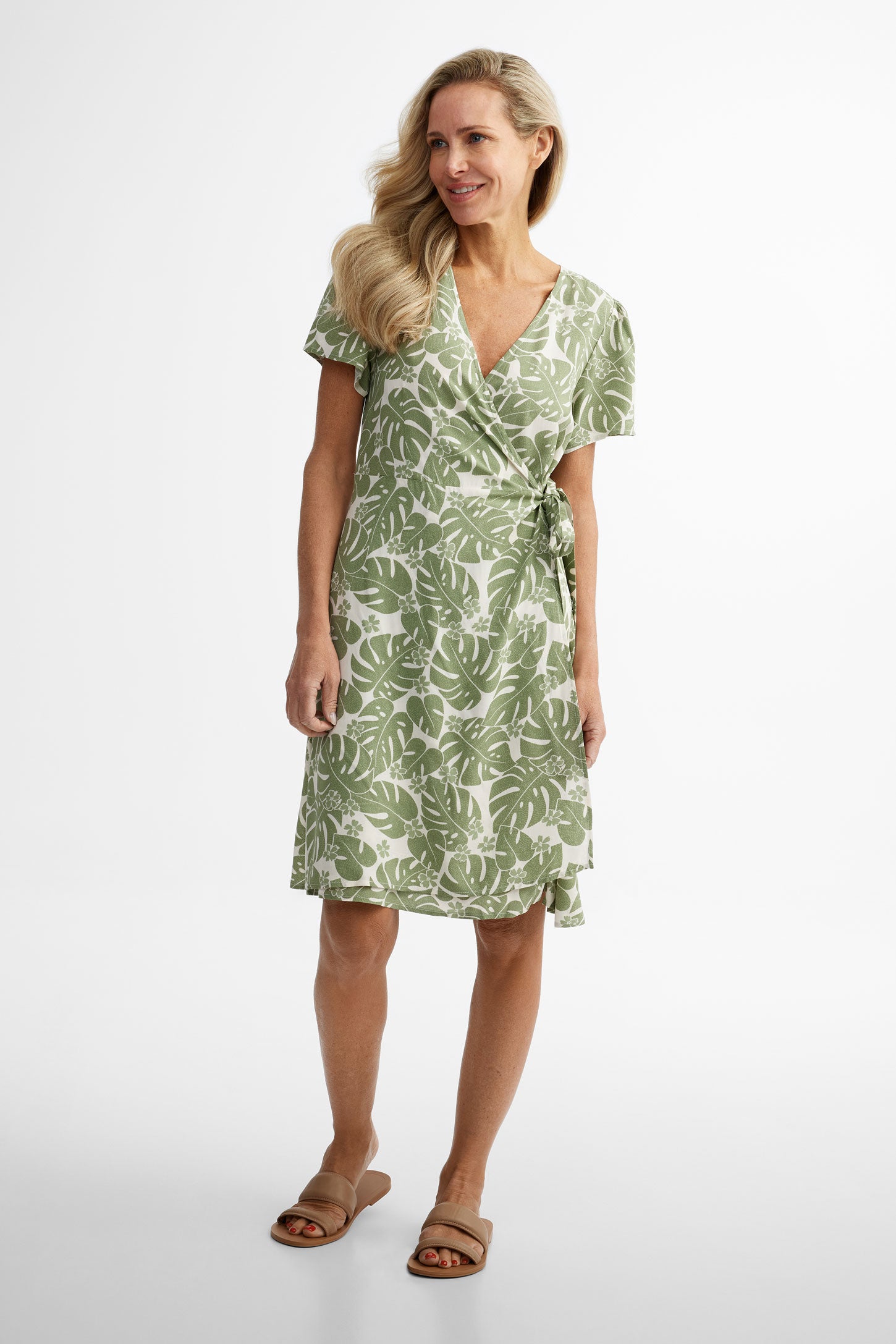 Robe cache-cœur manches courtes imprimé floral - Femme && VERT/MULTI