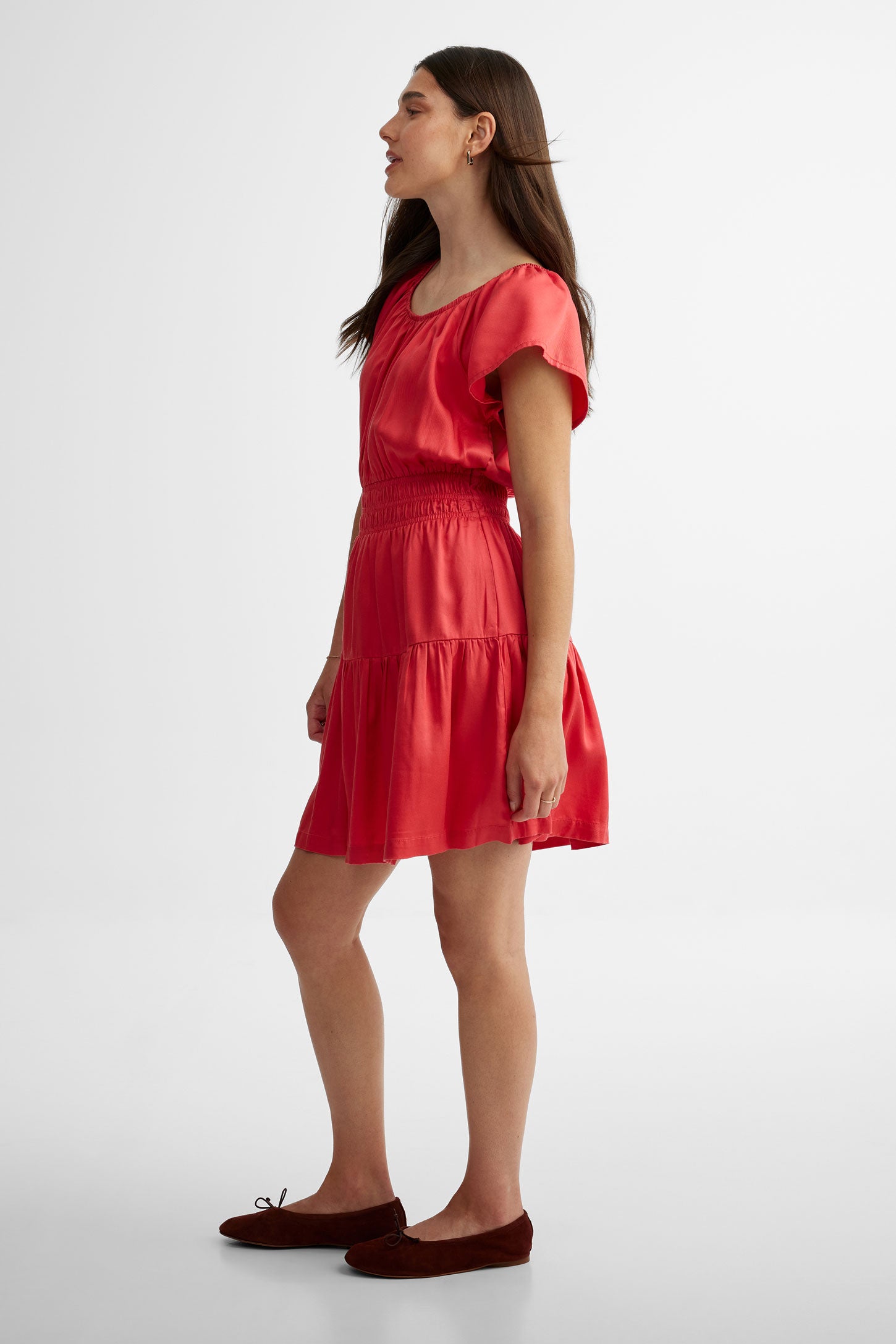 Robe courte à volants étagés en Lyocell - Femme && ROUGE