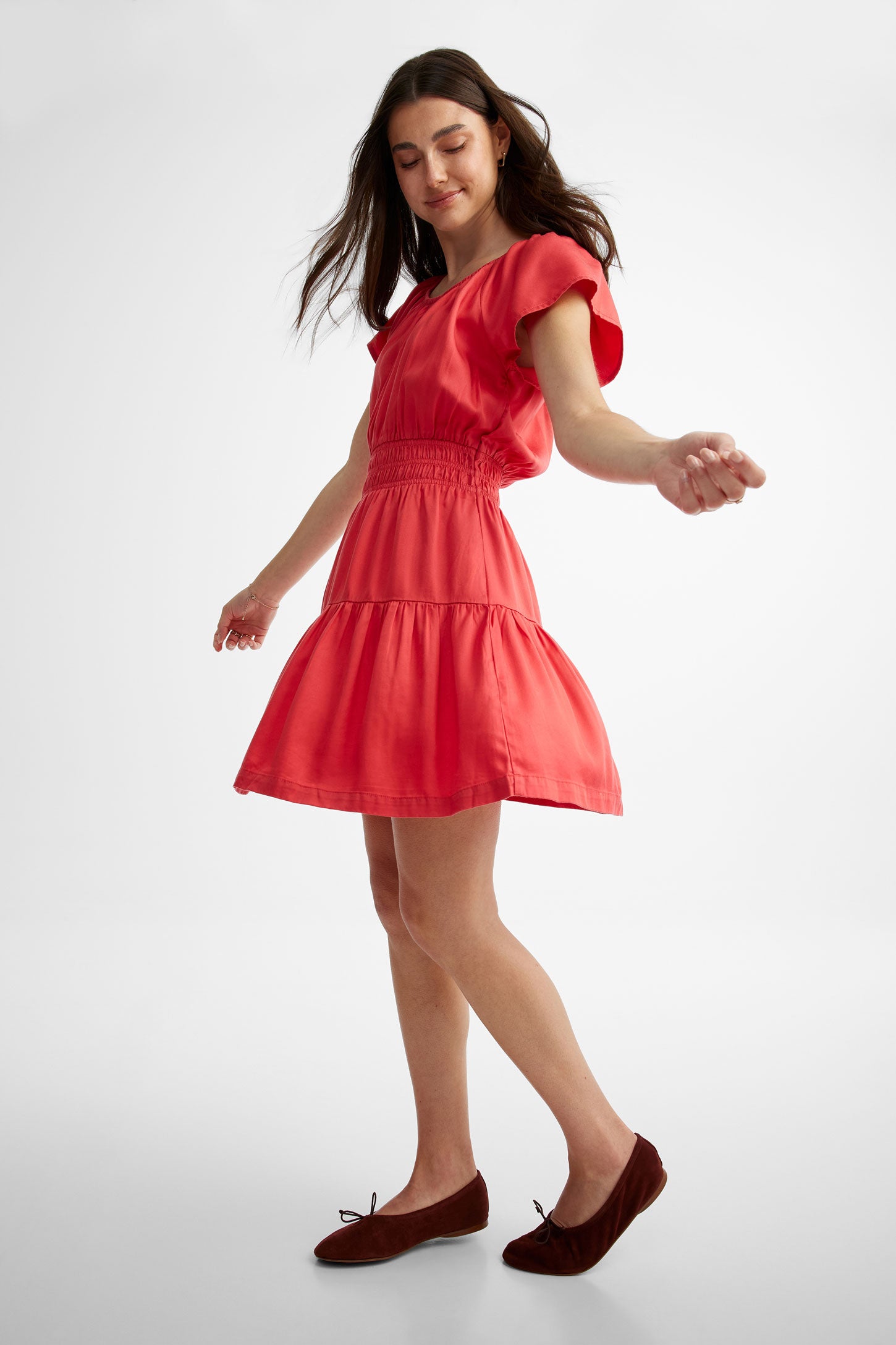 Robe courte à volants étagés en Lyocell - Femme && ROUGE