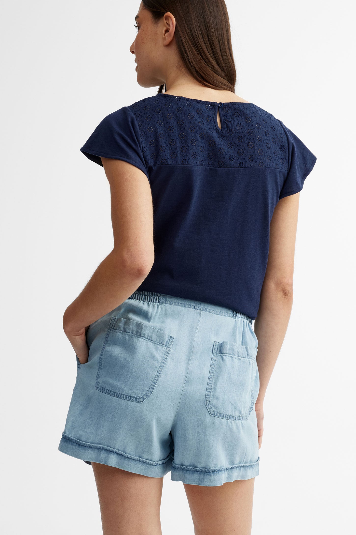T-shirt manches courtes flottantes en coton - Femme && BLEU MARINE