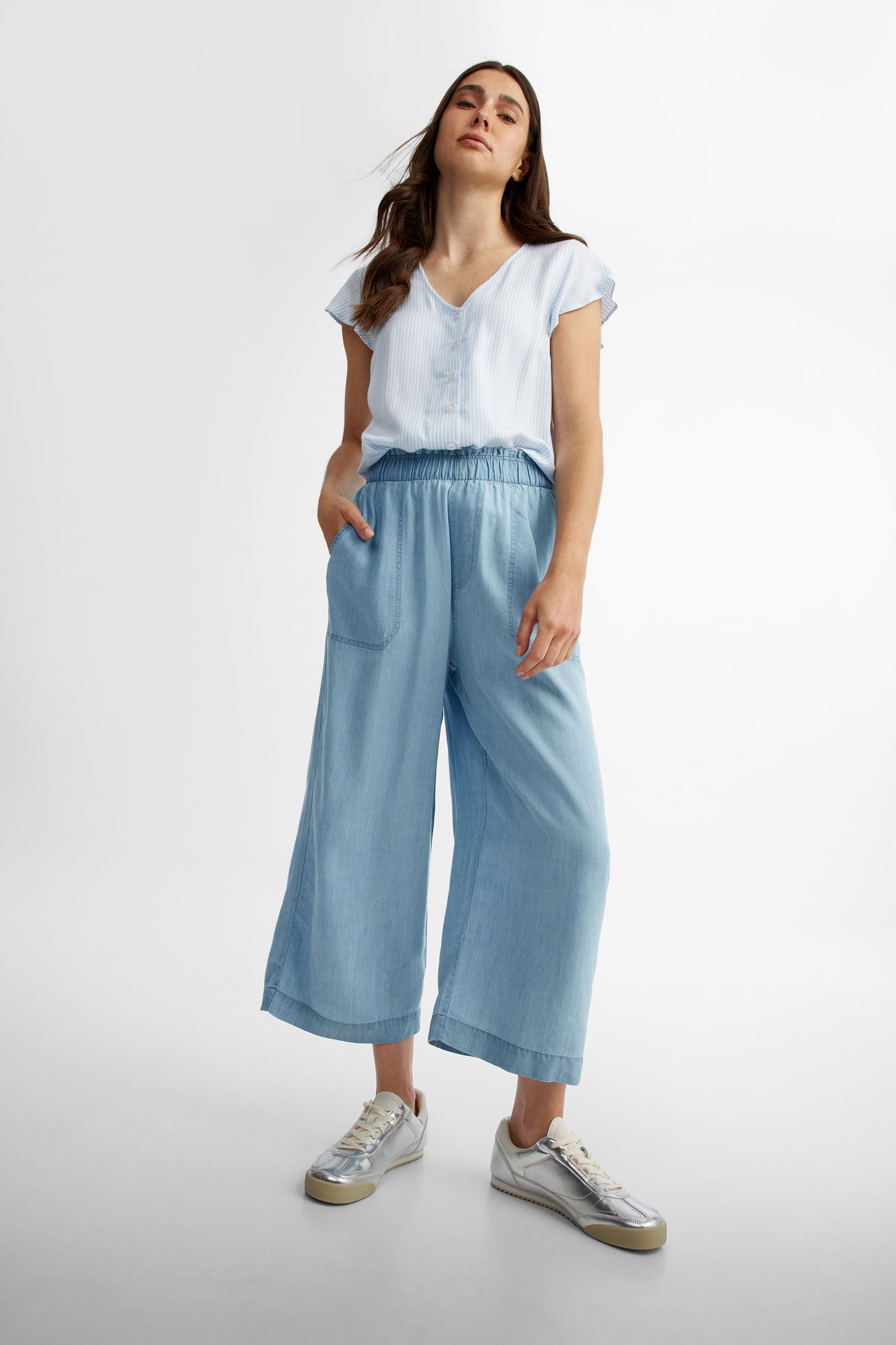 Pantalon jambe large en lyocell - Femme && DENIM PALE