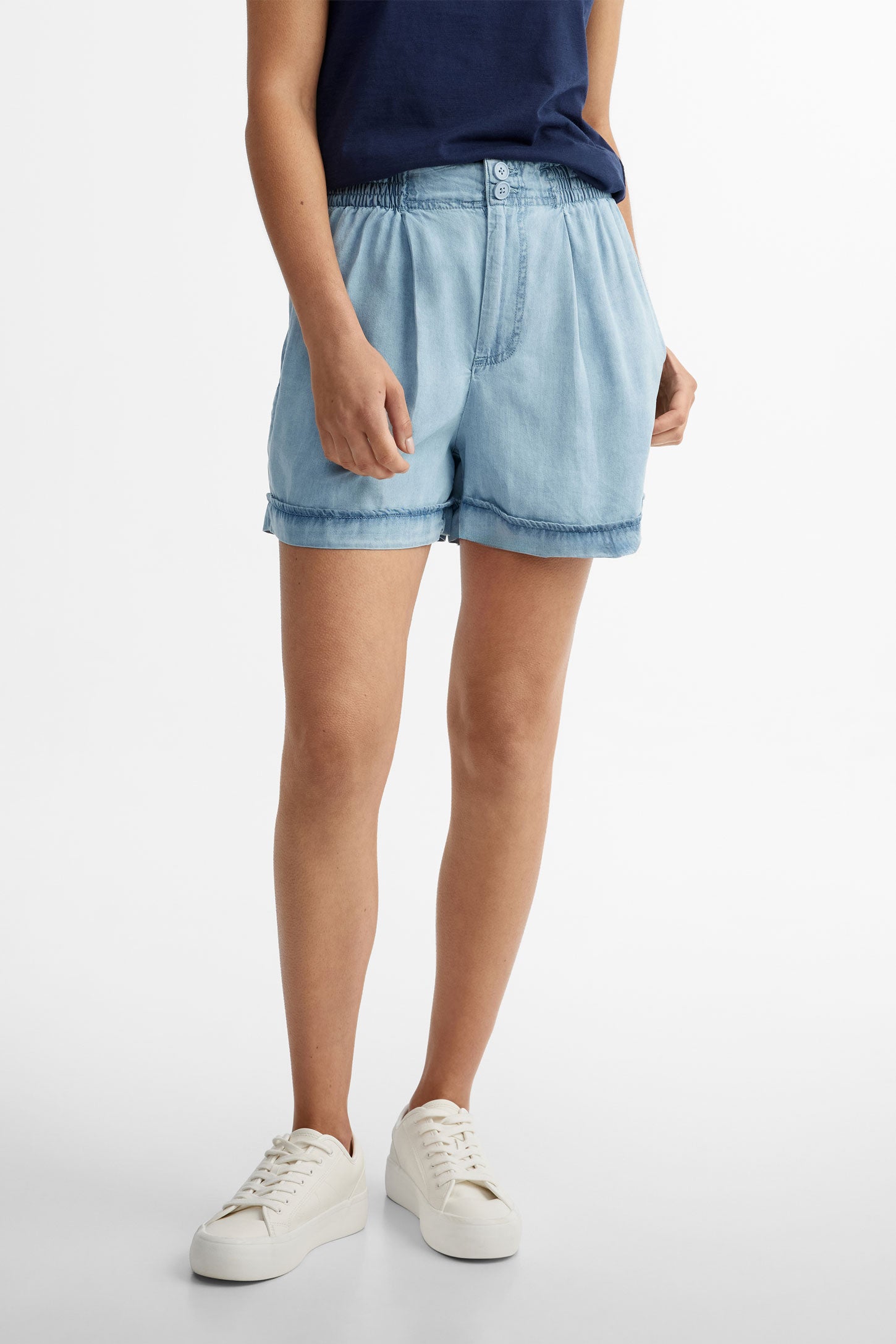 Short taille élastique en Lyocell - Femme && DENIM PALE