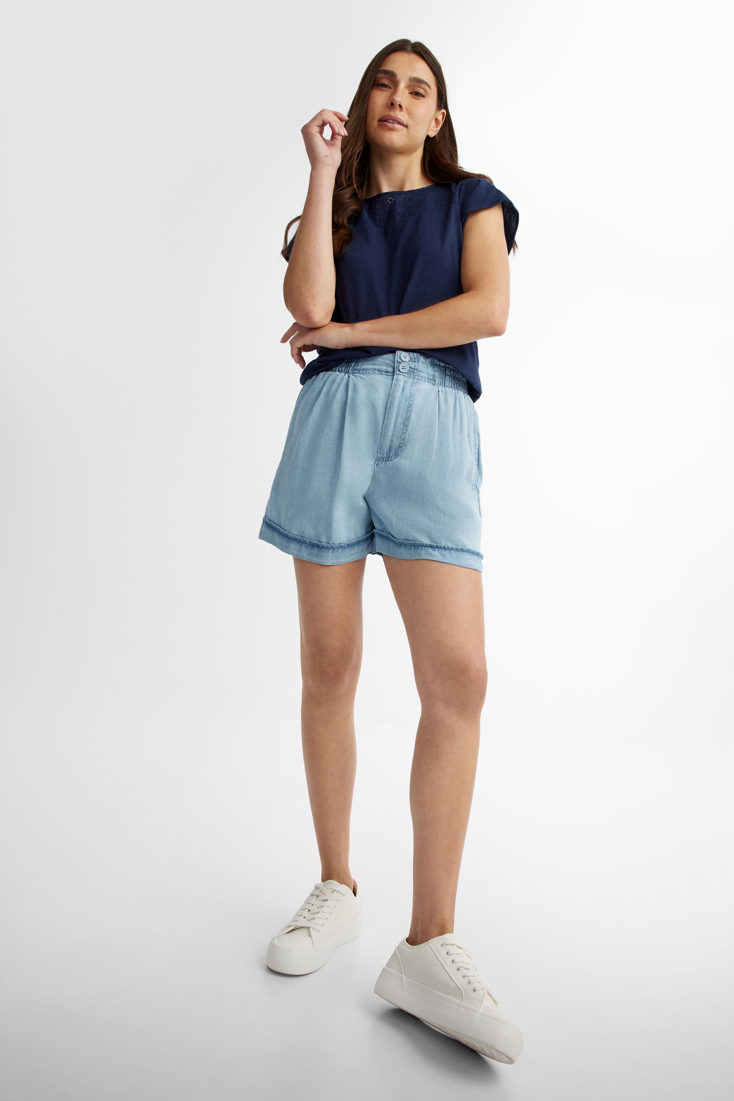 Short taille élastique en Lyocell - Femme && DENIM PALE