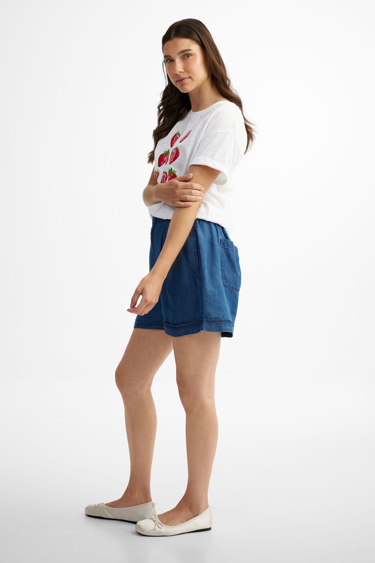 T-shirt col rond coupe ample imprimé en coton - Femme && BLANC
