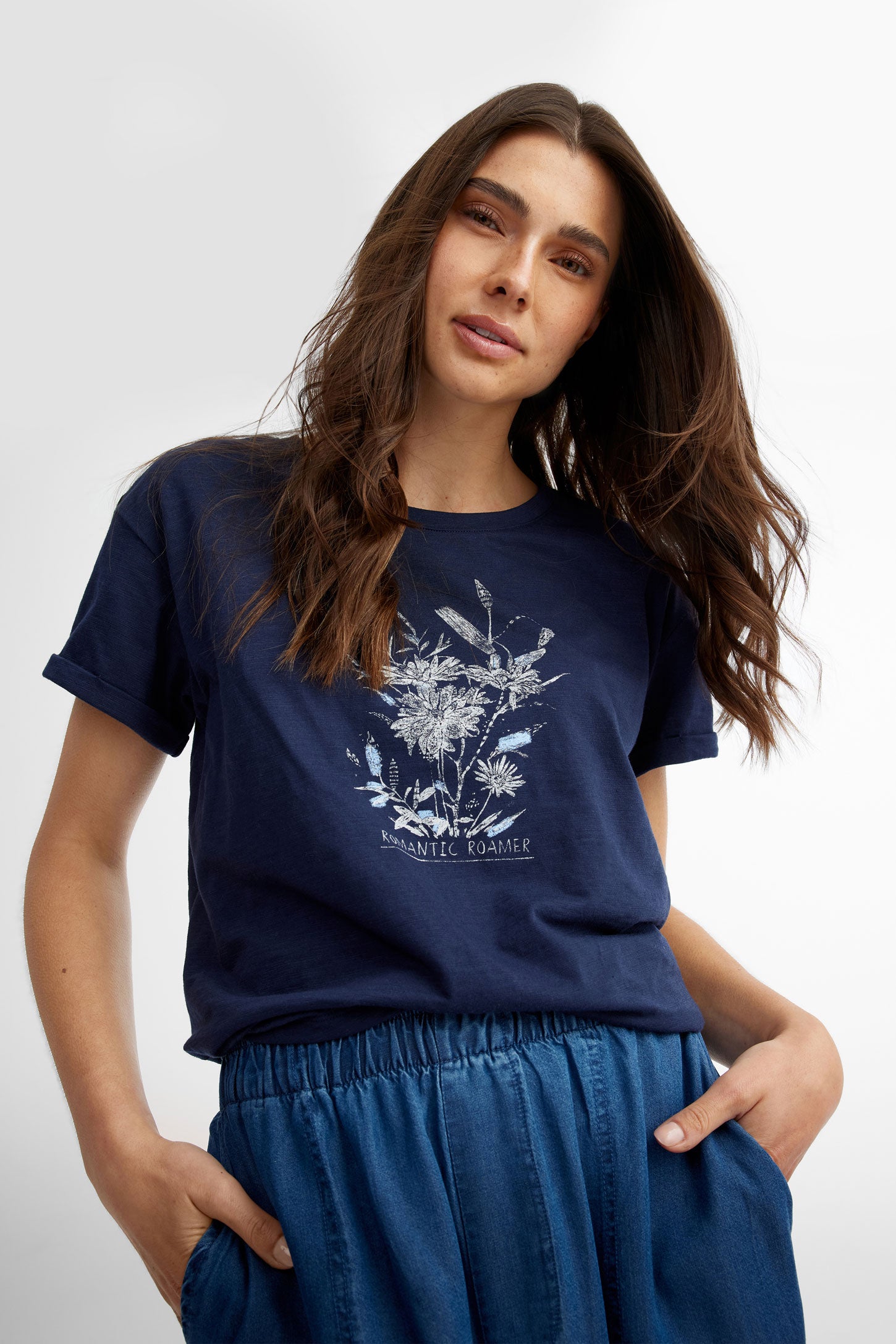 T-shirt col rond coupe ample imprimé en coton - Femme && BLEU MARINE
