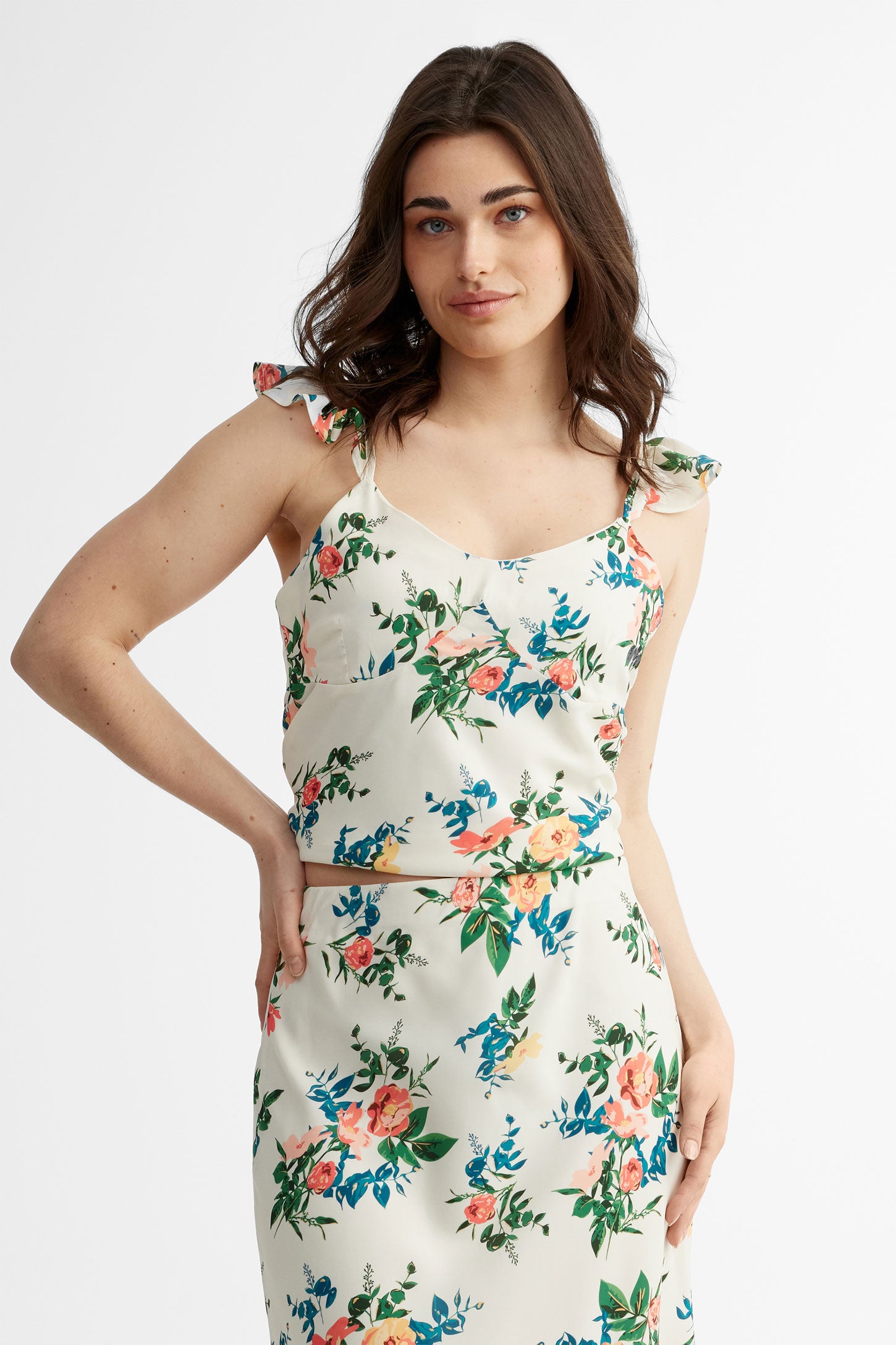 Camisole avec bretelles à volants imprimé floral - Femme && BEIGE/MULTI