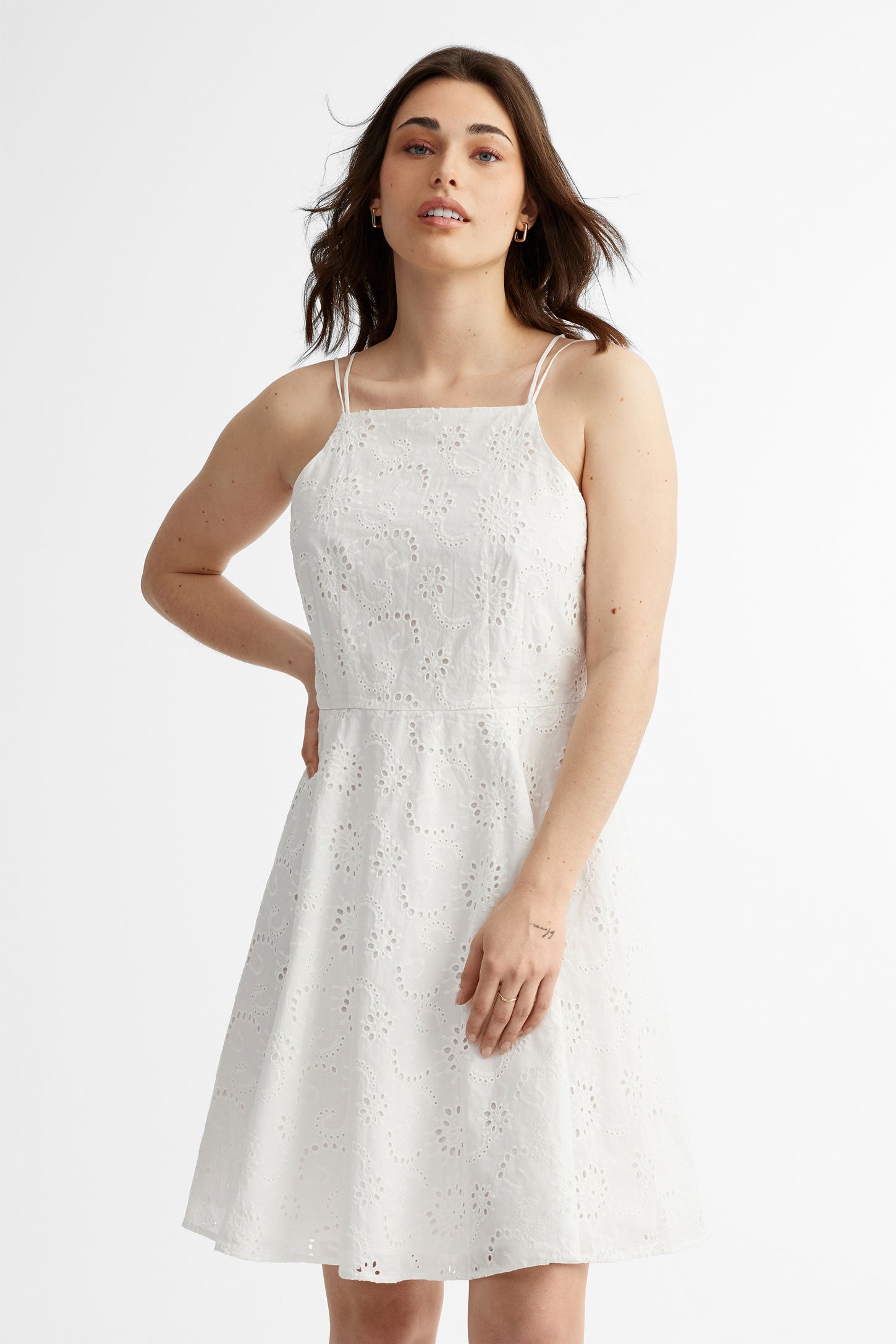 Robe bretelles fines broderies anglaises en coton - Femme && BLANC