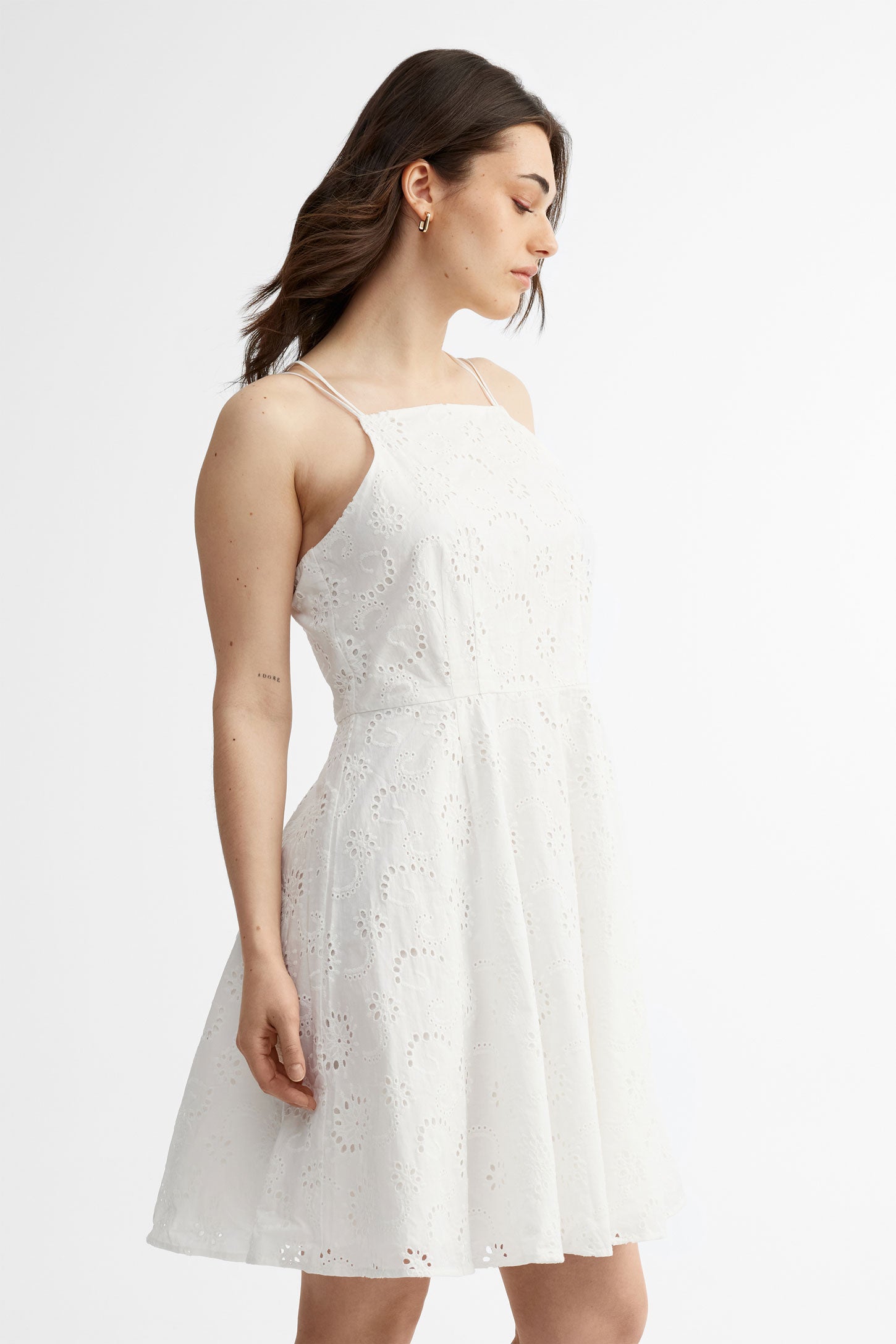 Robe bretelles fines broderies anglaises en coton - Femme && BLANC