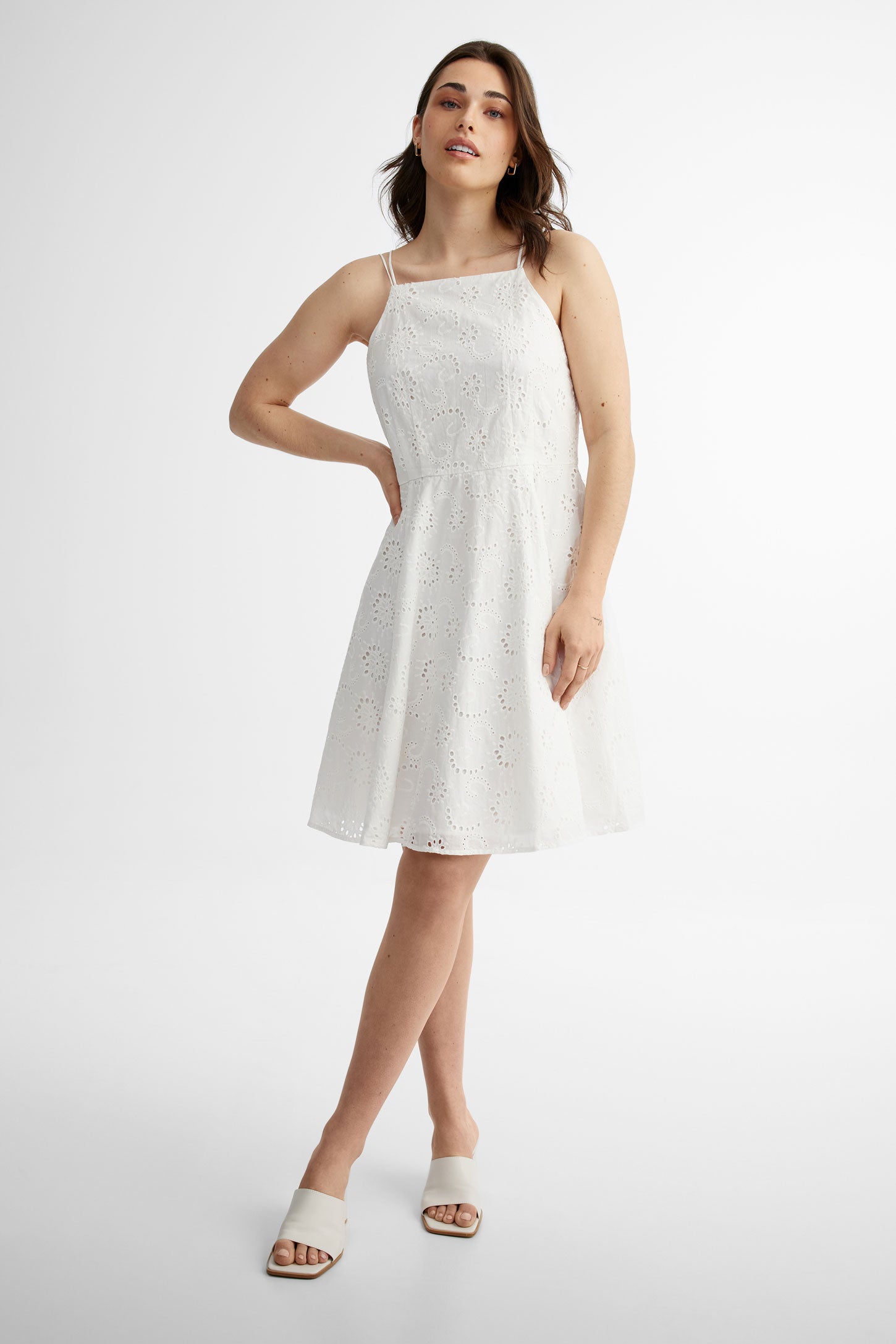 Robe bretelles fines broderies anglaises en coton - Femme && BLANC