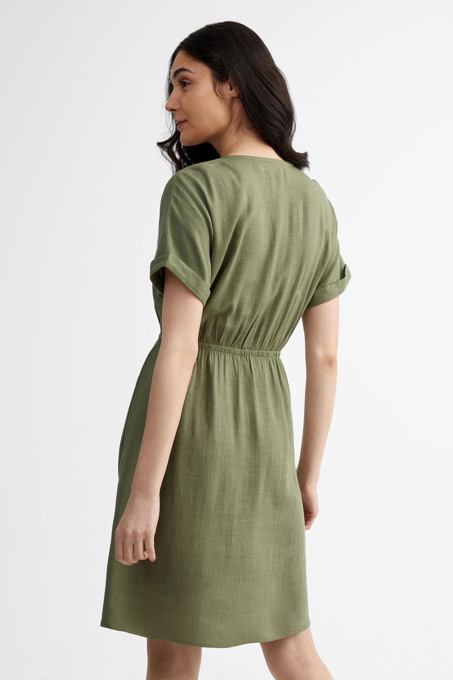 Robe cache-cœur manches courtes Lin - Femme && KAKI