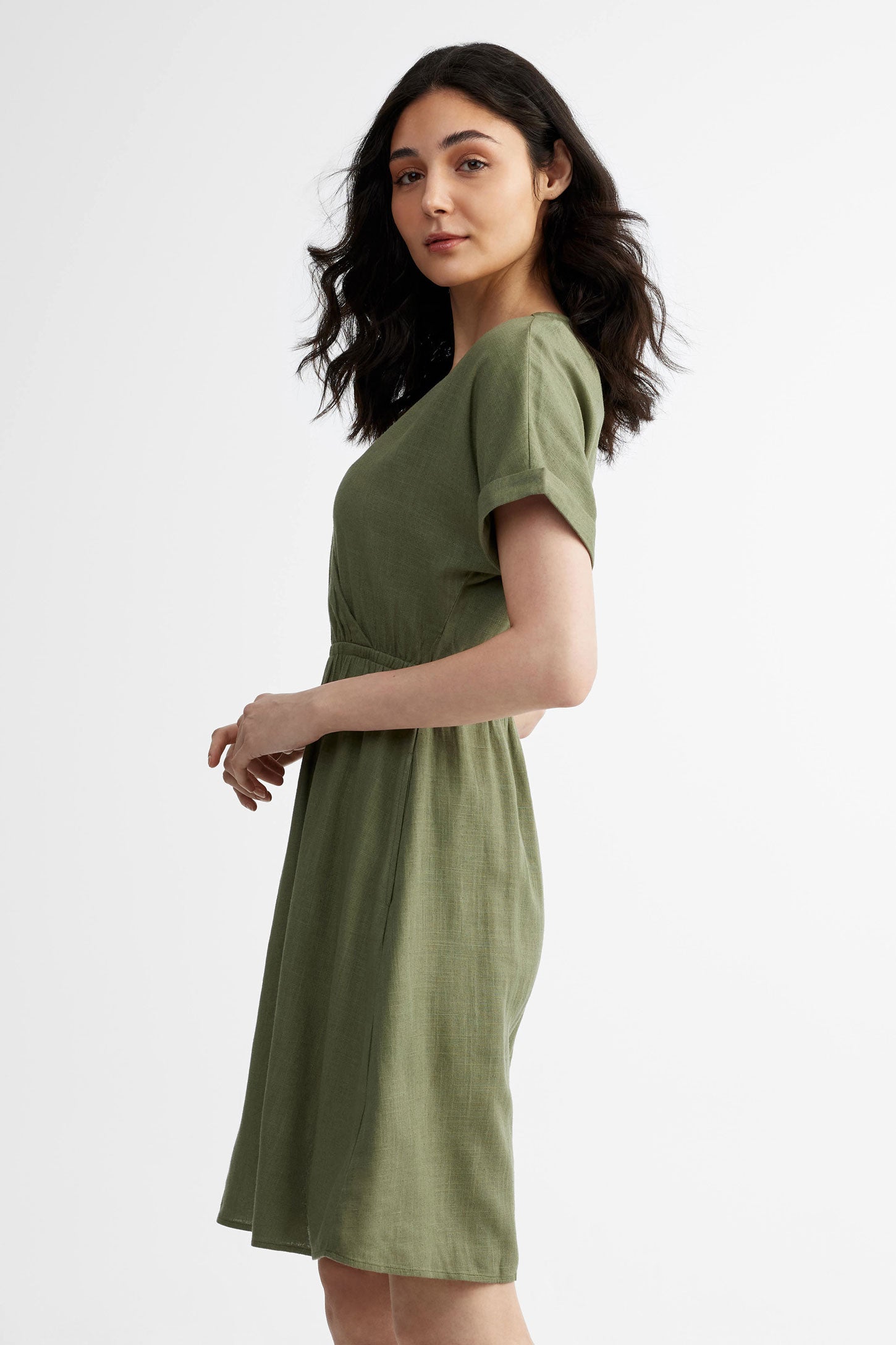 Robe cache-cœur manches courtes Lin - Femme && KAKI