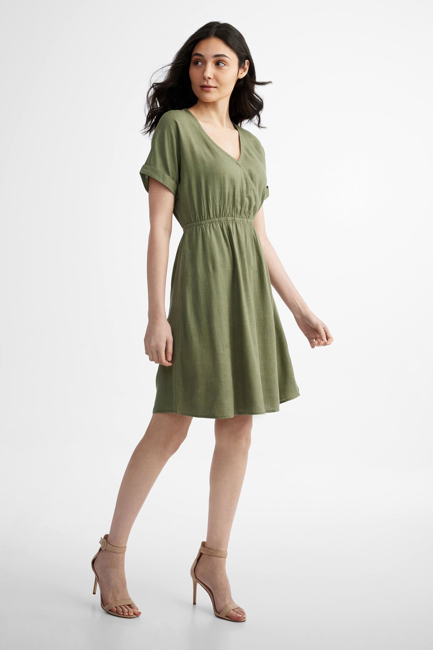 Robe cache-cœur manches courtes Lin - Femme && KAKI