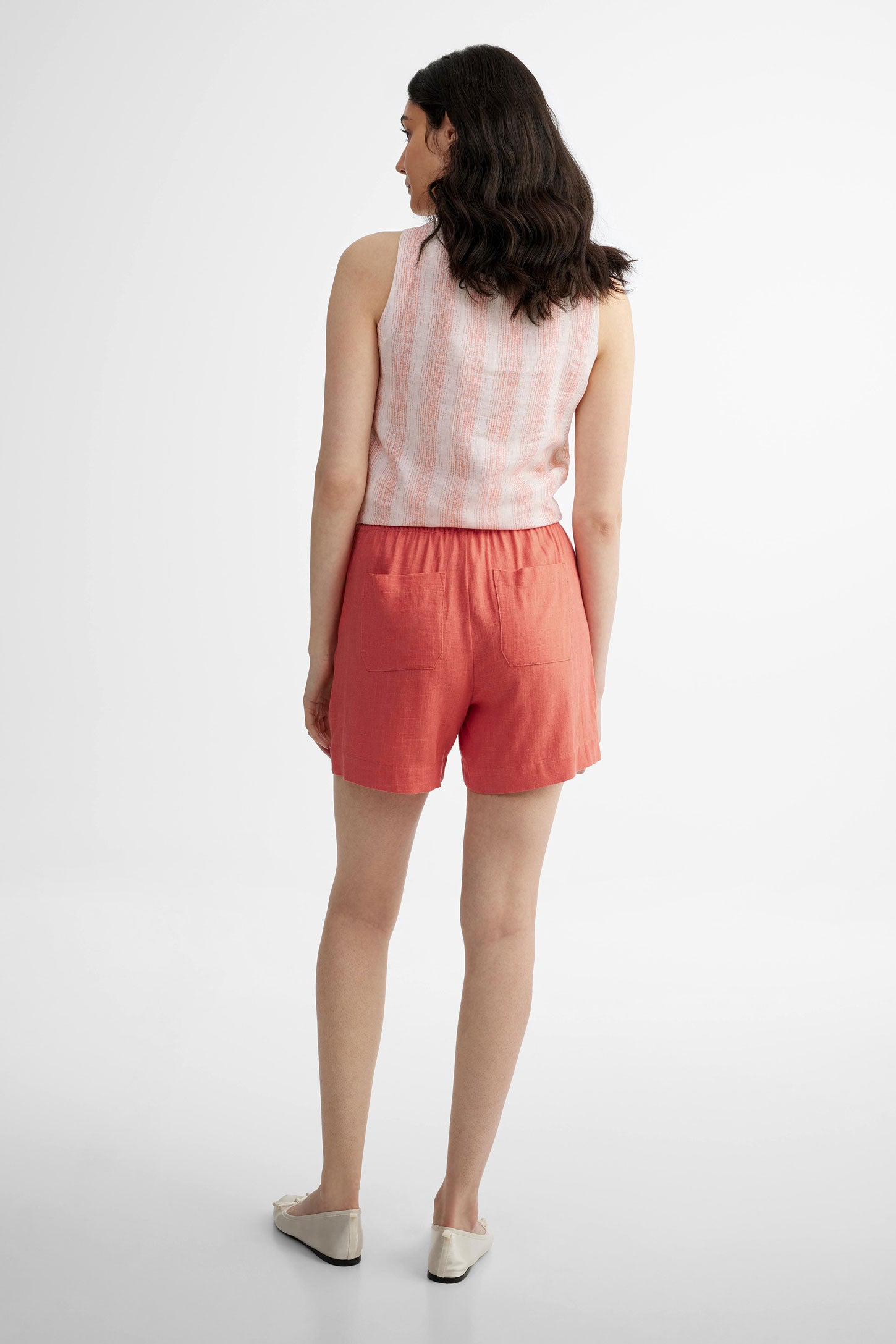 Short taille élastique lin - Femme && ROUGE