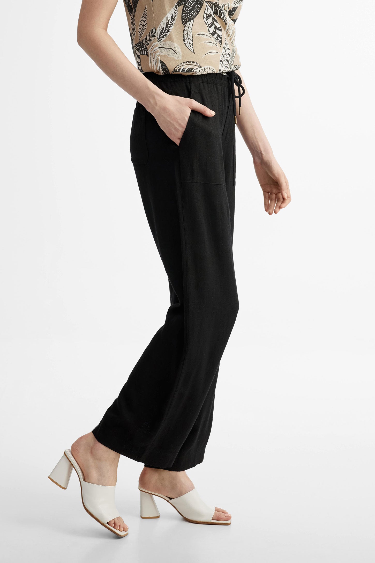 Pantalon taille élastique jambe large lin - Femme && NOIR