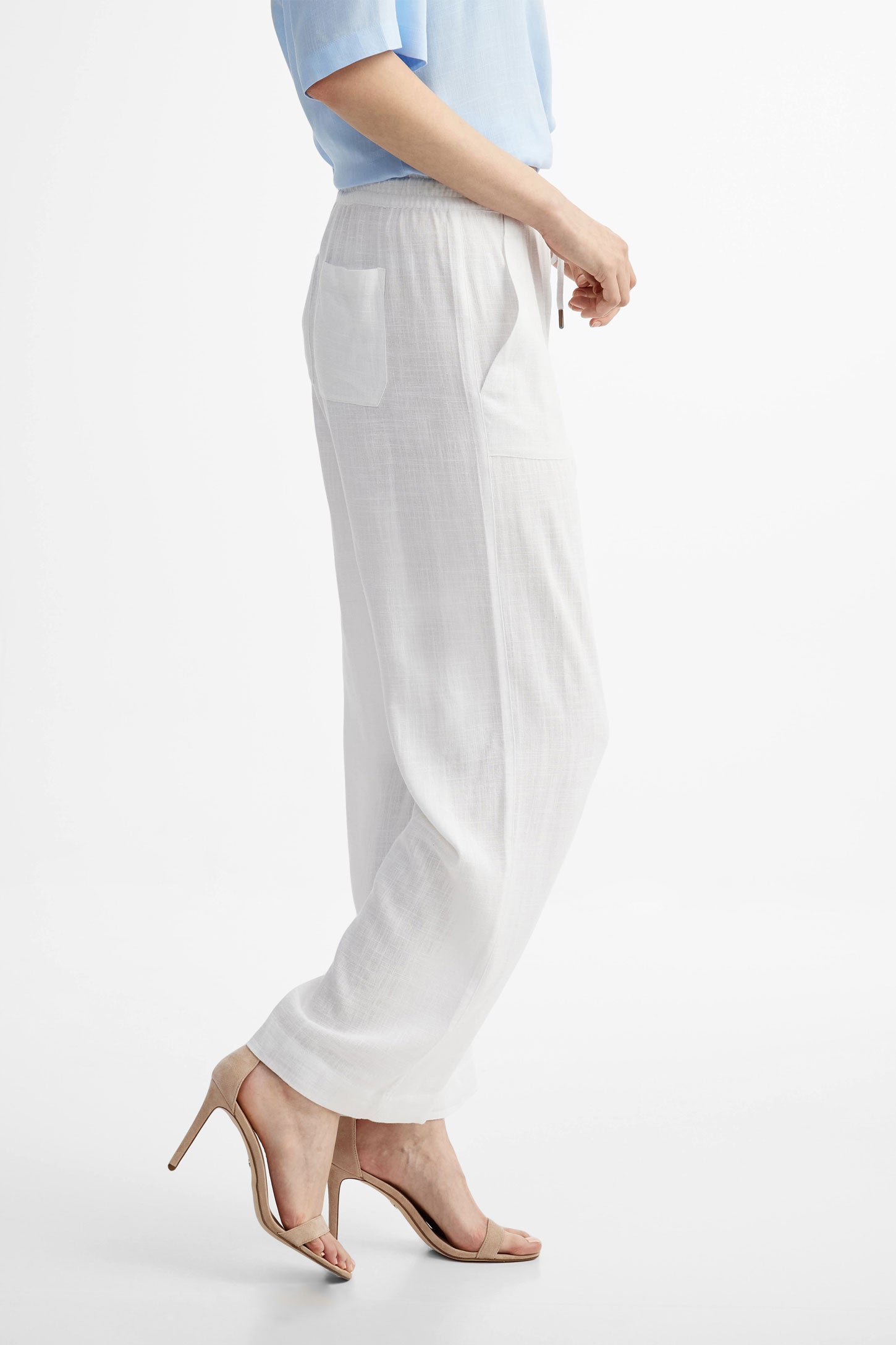 Pantalon taille élastique jambe large lin - Femme && BLANC