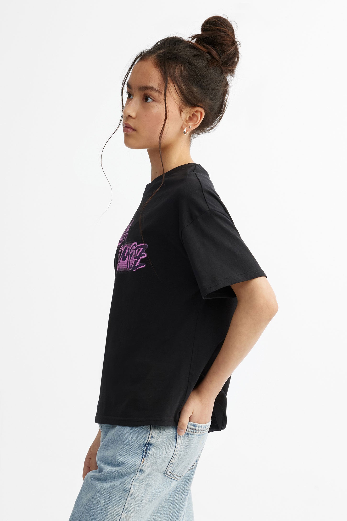 T-shirt col rond imprimé Selena - Ado fille && NOIR/MULTI