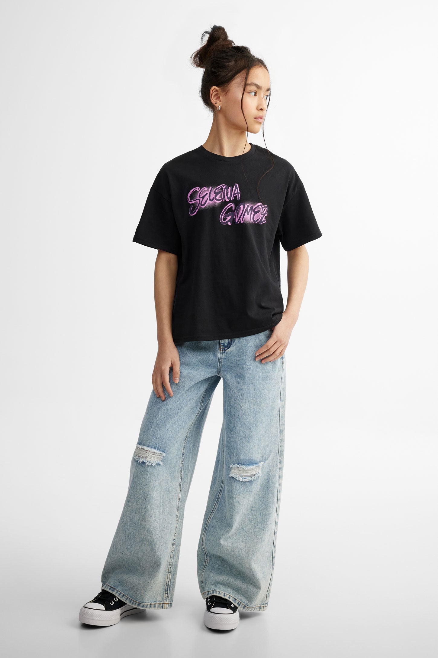 T-shirt col rond imprimé Selena - Ado fille && NOIR/MULTI
