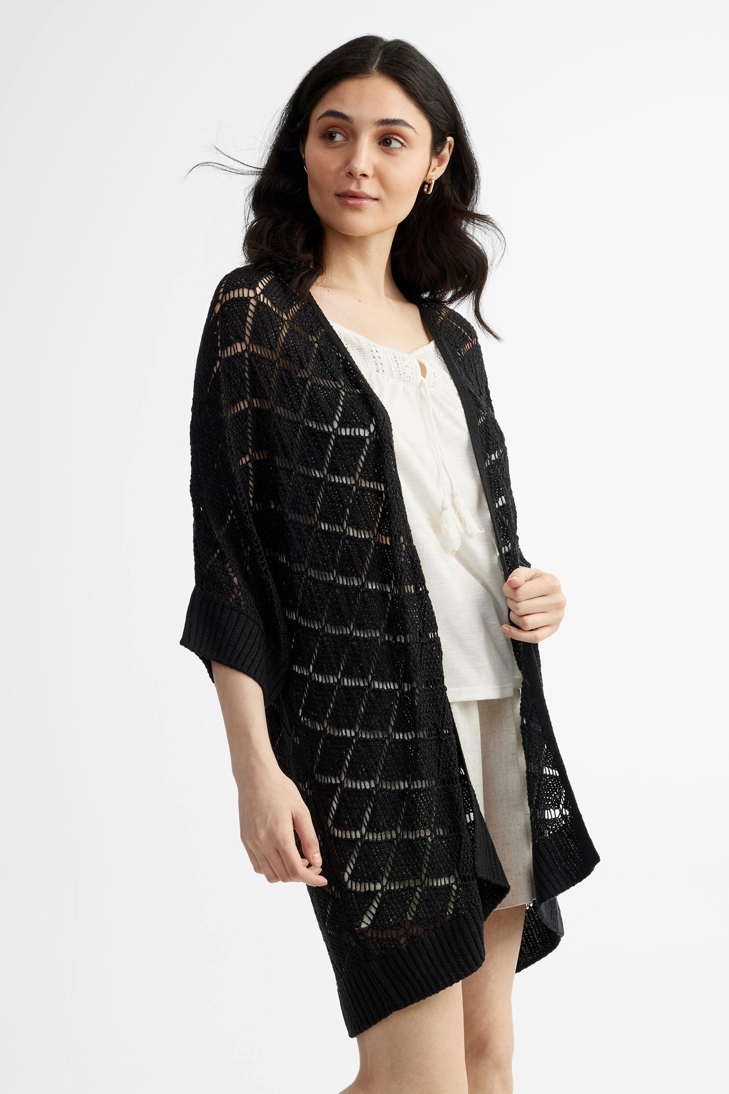 Cardigan tricot maille ajourée - Femme && NOIR