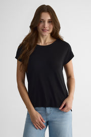 T-shirt col rond manches courtes en stretch - Femme && NOIR